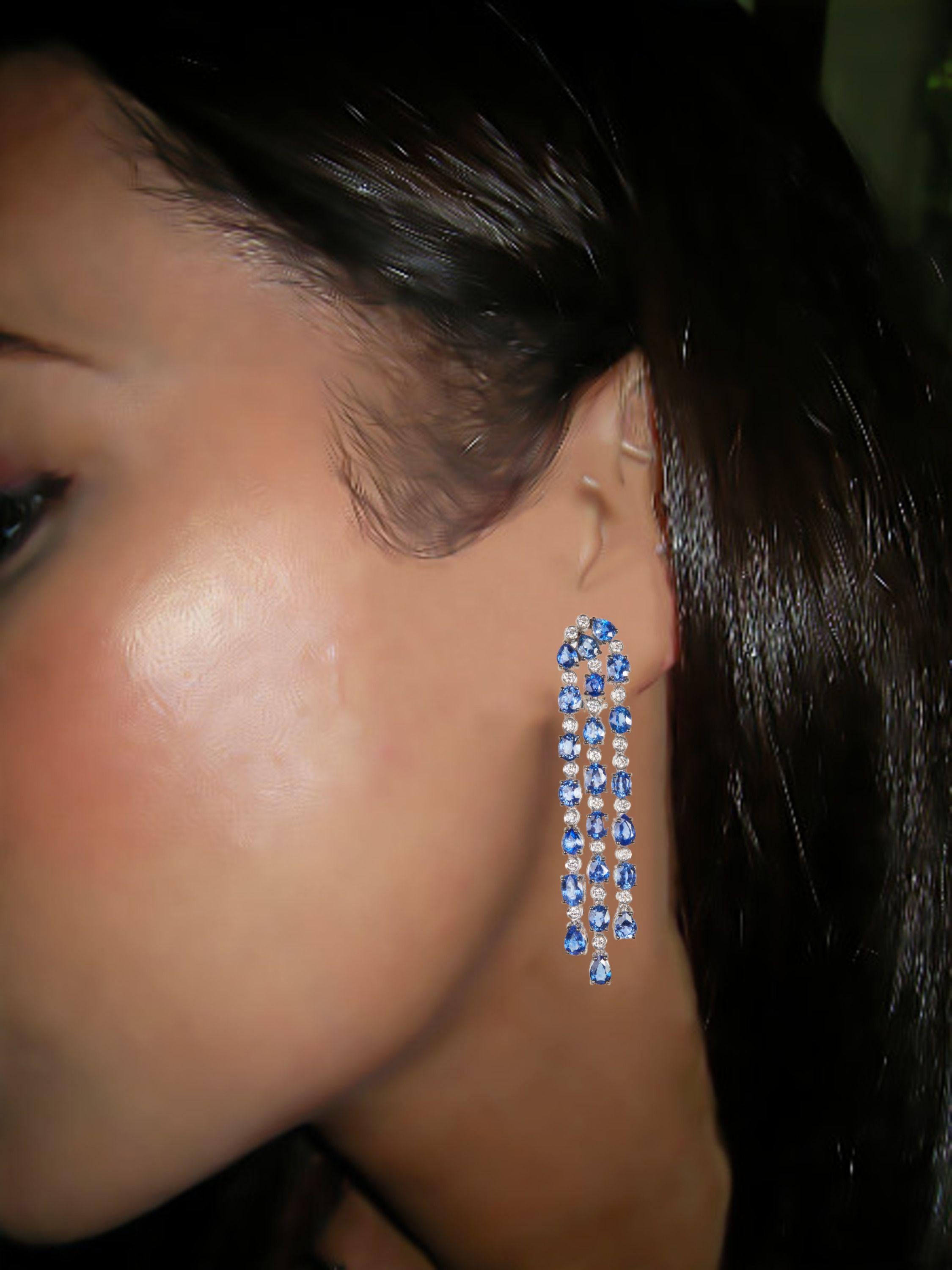 Women's or Men's 18 Karat White Gold Diamond and Sapphire Dangle Earrings