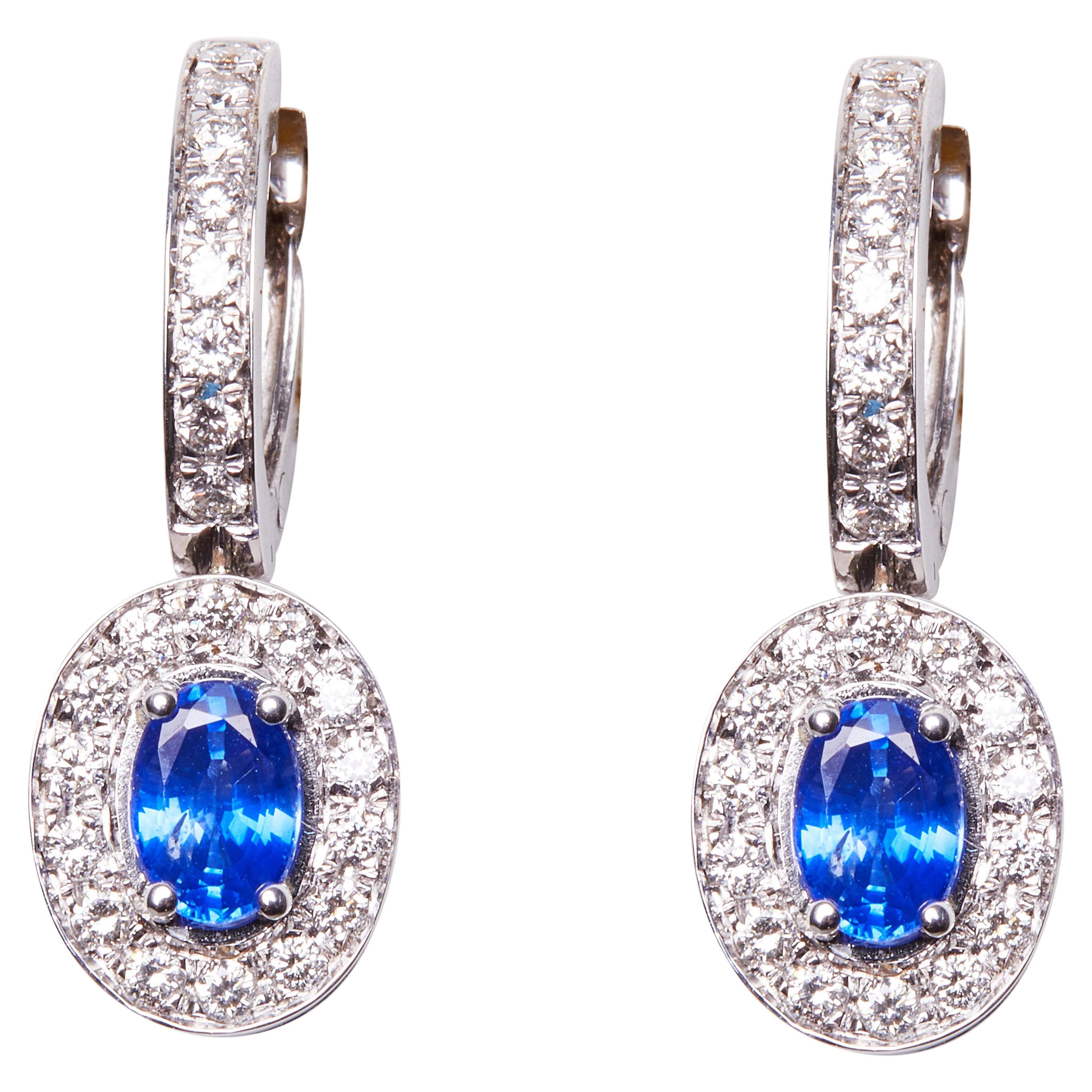 18 Karat White Gold Diamond and Sapphire Dangle Earrings For Sale