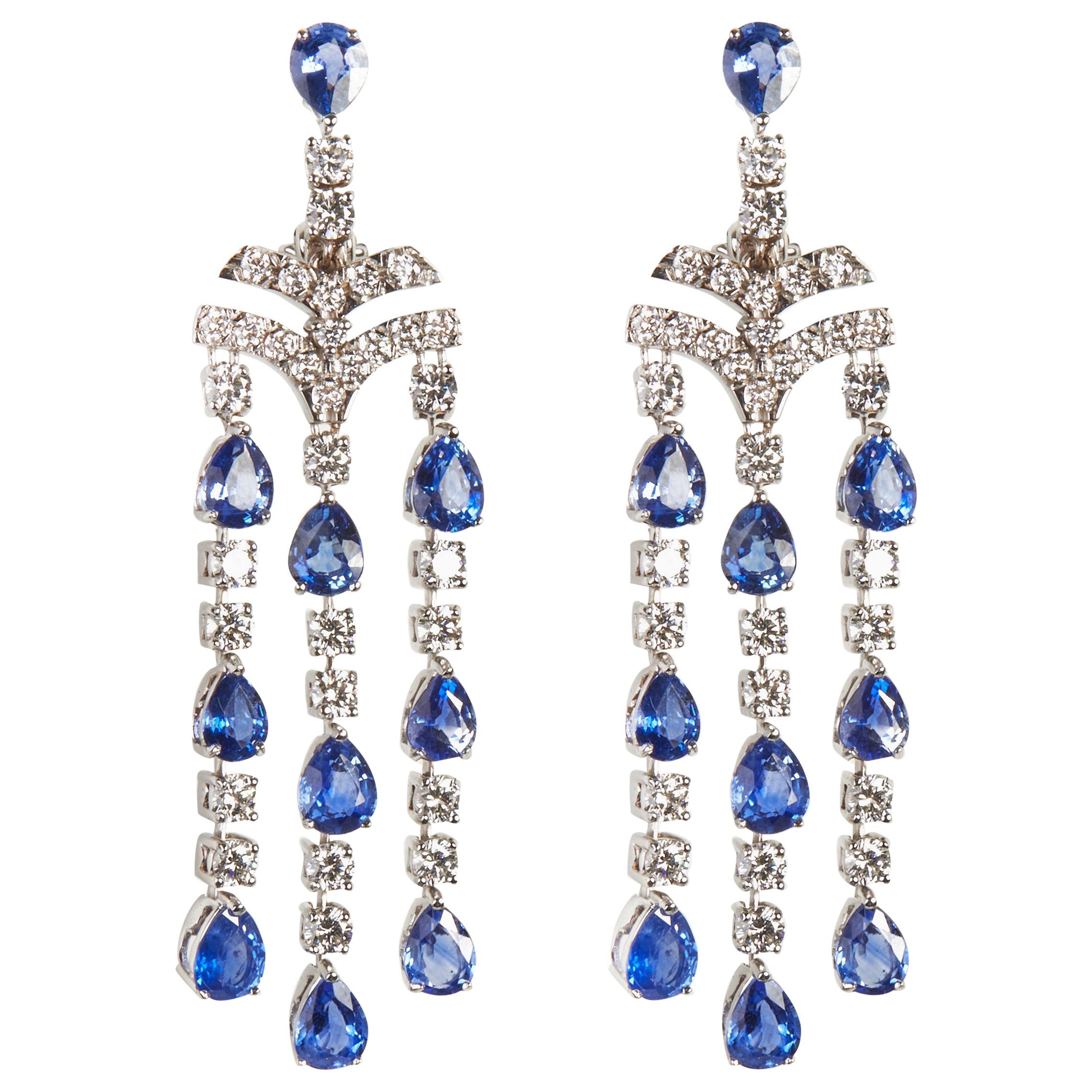18 Karat White Gold Diamond and Sapphire Dangle Earrings For Sale at ...