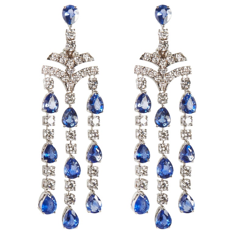 18 Karat White Gold Diamond and Sapphire Dangle Earrings For Sale at ...