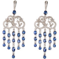 18 Karat White Gold Diamond and Sapphire Dangle Earrings