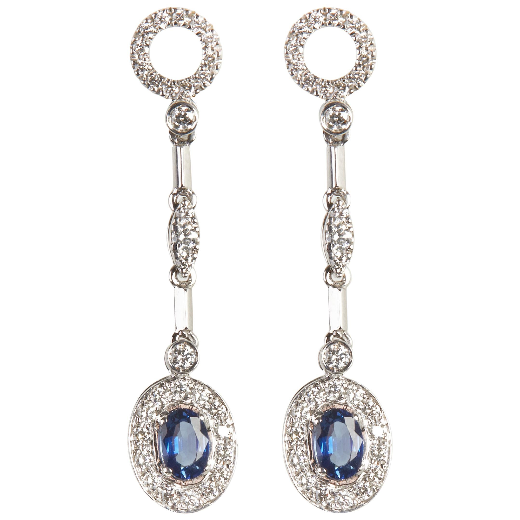 18 Karat White Gold Diamond and Sapphire Dangle Earrings