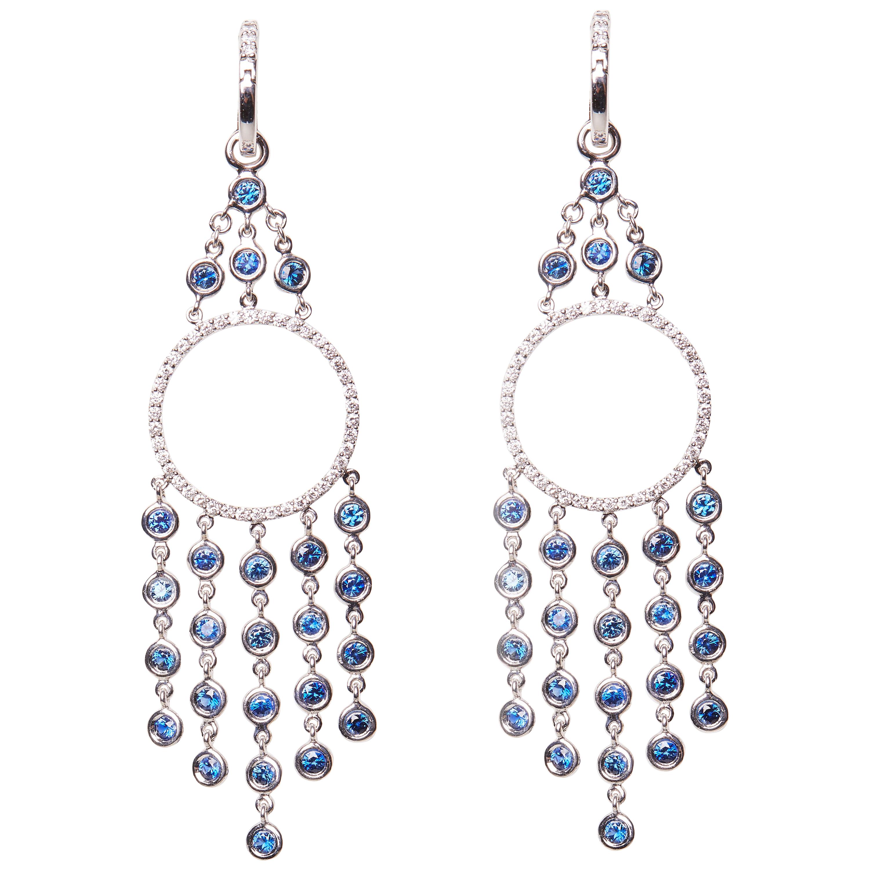 18 Karat White Gold Diamond and Sapphire Dangle Earrings
