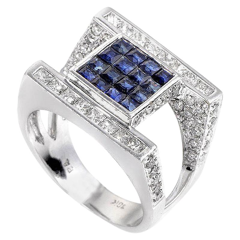 18 Karat White Gold Diamond and Sapphire Invisible Setting Ring