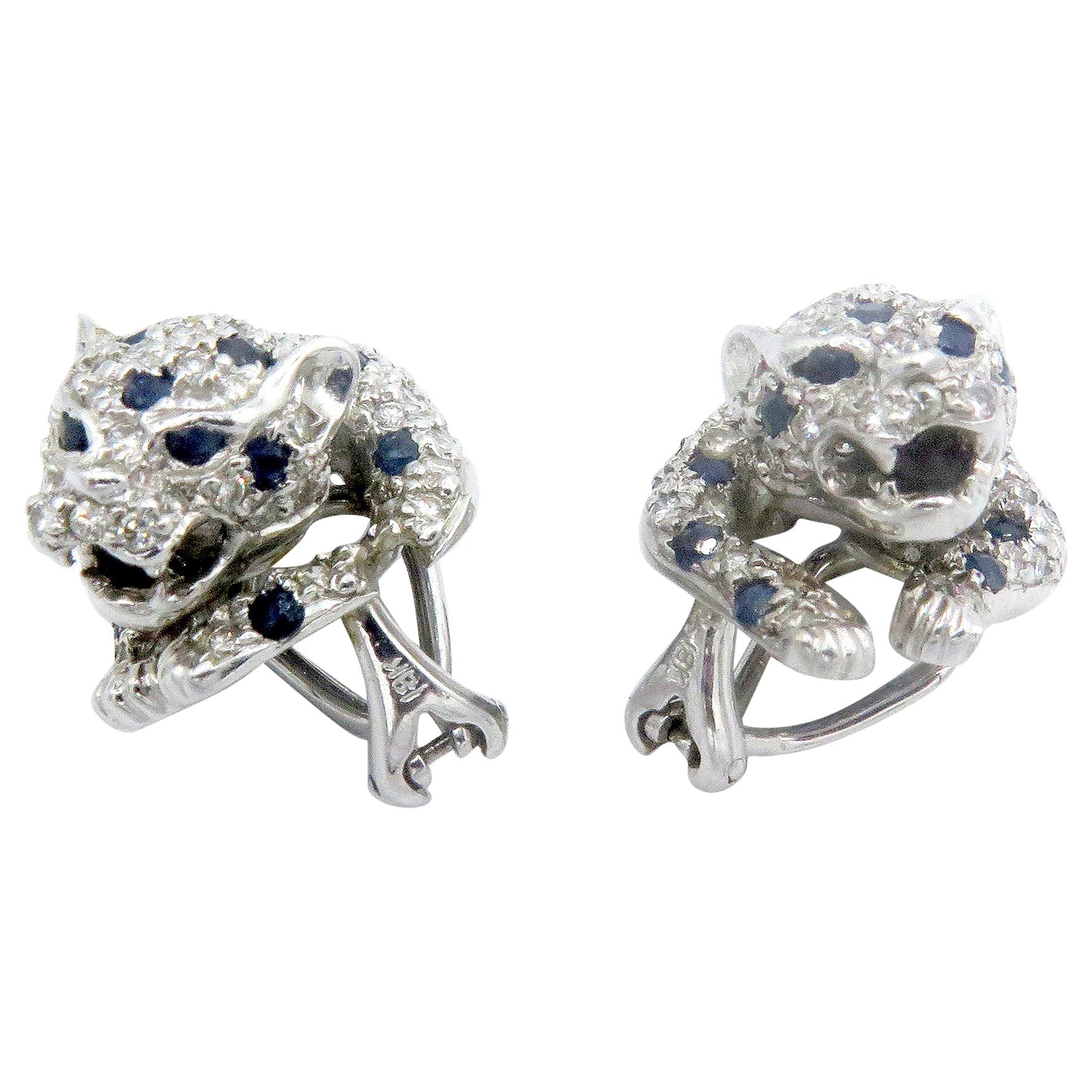 18 Karat White Gold Diamond and Sapphire Panther Stud Earrings
