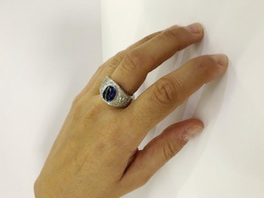 Women's or Men's 18 Karat White Gold Diamond and Sapphire Pavé Ring For Sale
