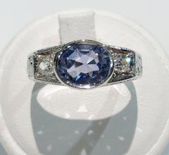 Vintage 18kt White Gold Ceylon Sapphire and Diamond Ring, Italy 1930s