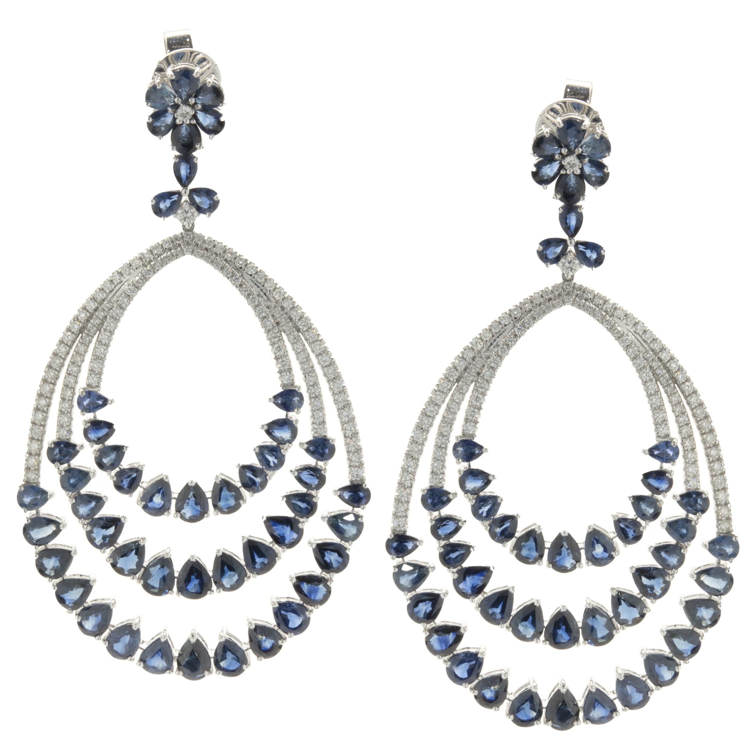 18 Karat White Gold Diamond and Sapphire Three Layer Oval Drop Earrings For Sale