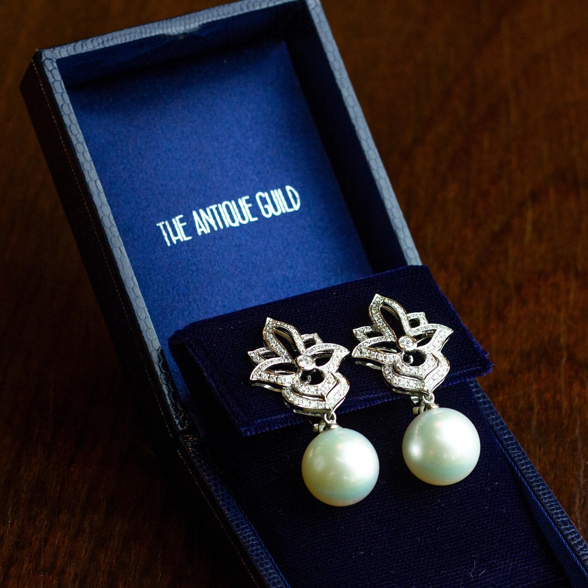 18 Karat White Gold, Diamond, and South Sea Pearl Earrings In Excellent Condition In Brisbane, QLD