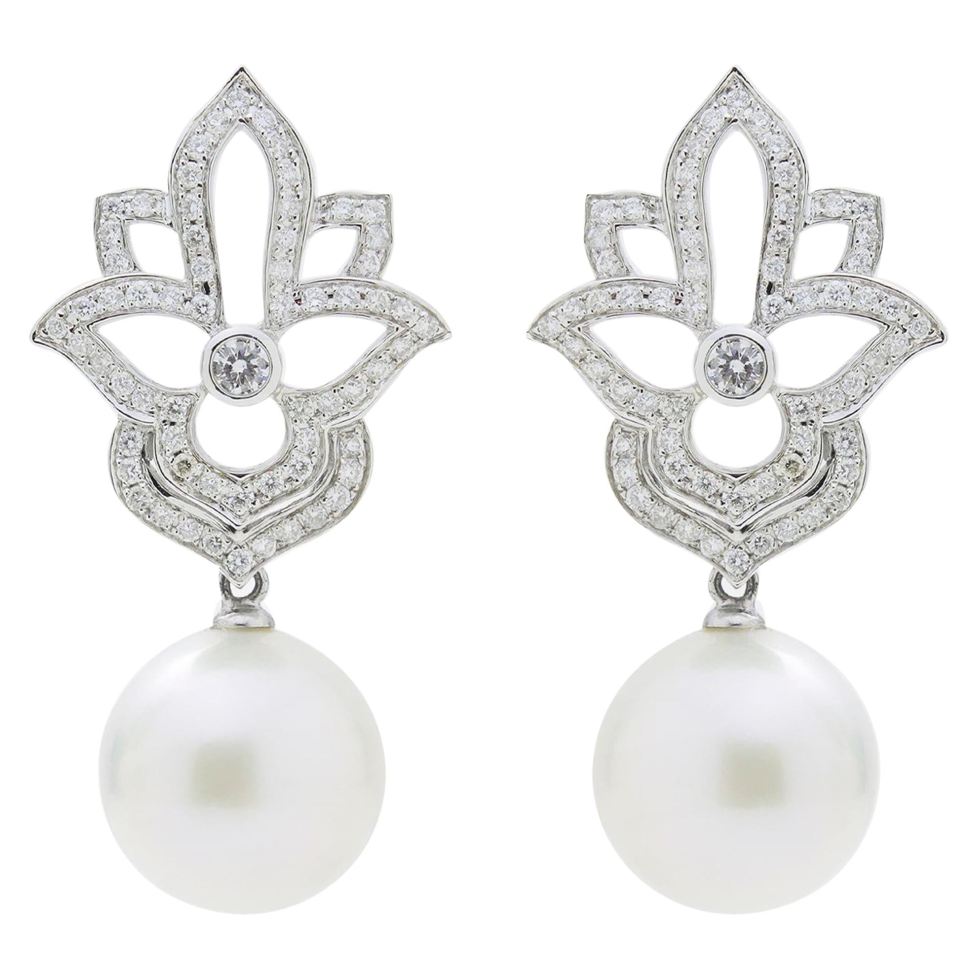 18 Karat White Gold, Diamond, and South Sea Pearl Earrings