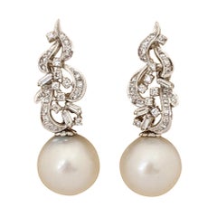 18 Karat White Gold, Diamond and South Sea Pearl Estate Earrings