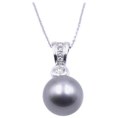 18 Karat White Gold Diamond and Tahitian Pearl Drop Necklace