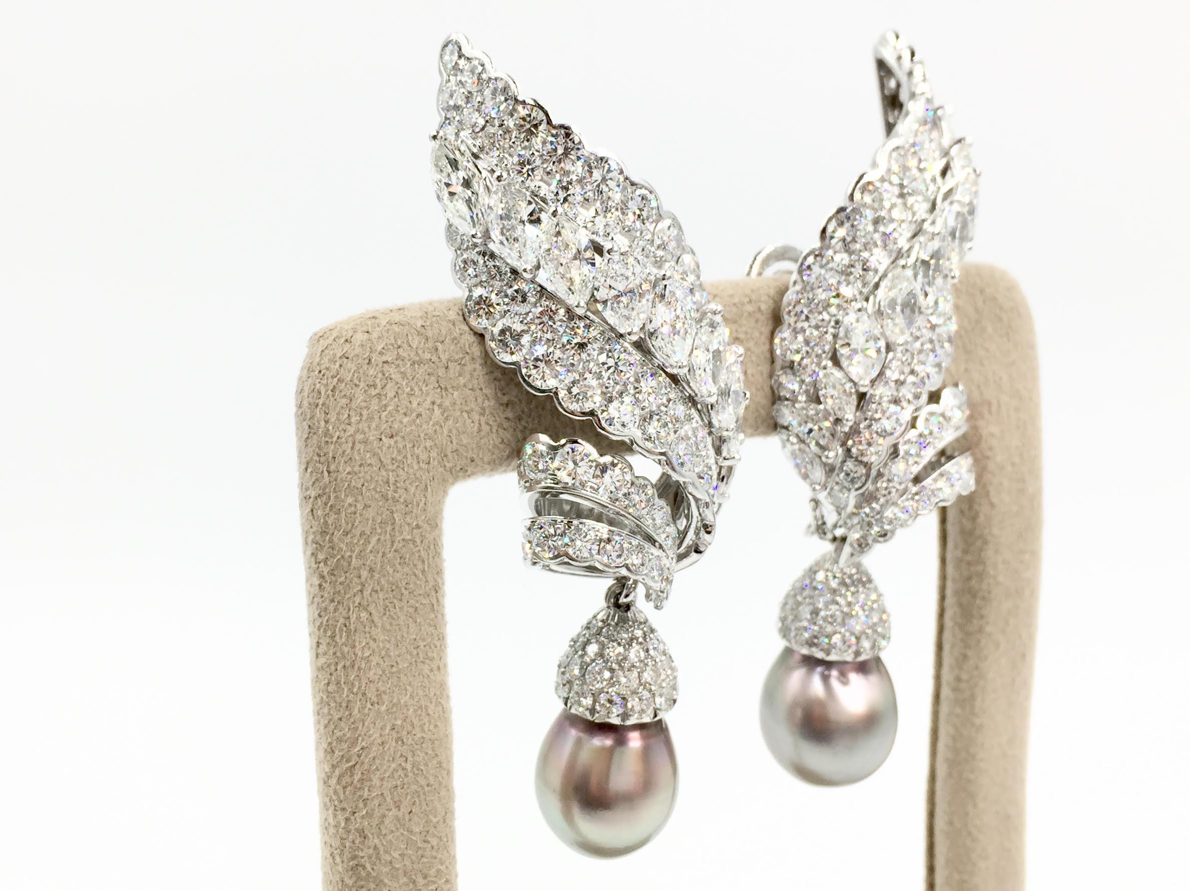 Modern 18 Karat White Gold Diamond and Tahitian Pearl Swirl Climber Earrings