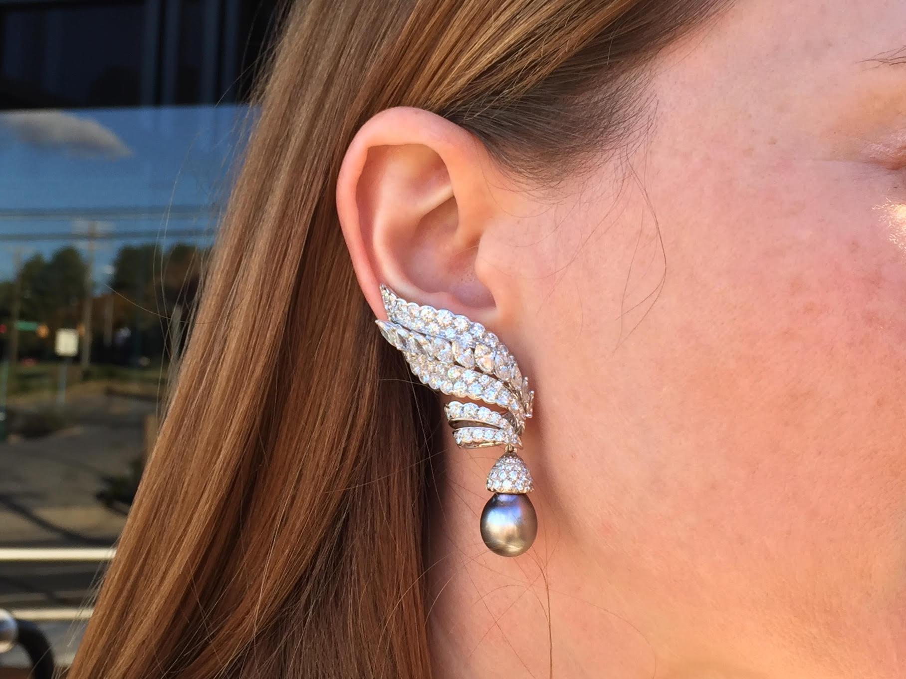 18 Karat White Gold Diamond and Tahitian Pearl Swirl Climber Earrings 3