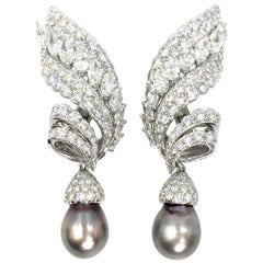18 Karat White Gold Diamond and Tahitian Pearl Swirl Climber Earrings