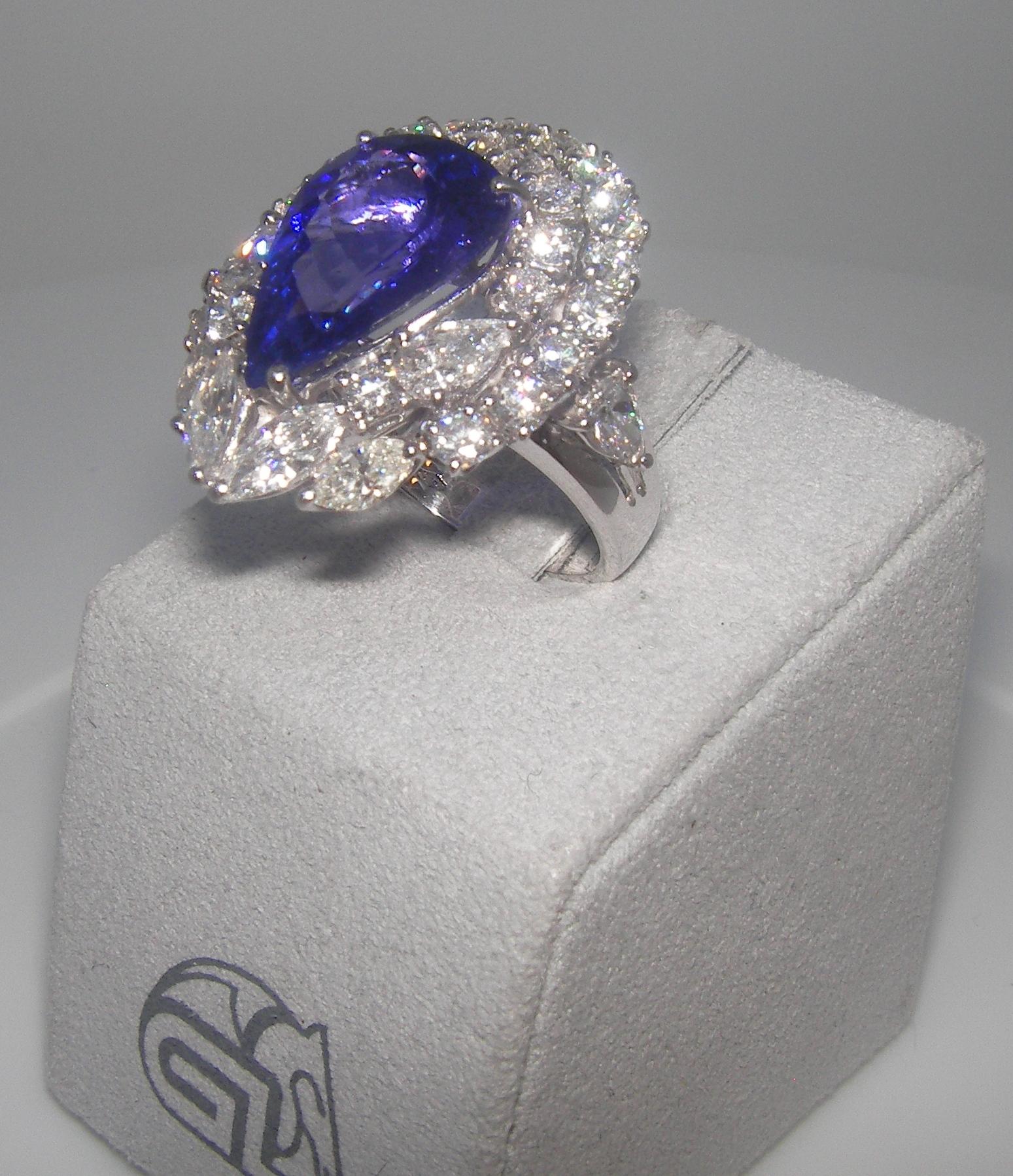 Women's or Men's 18 Karat White Gold Diamond and Tanzanite Cocktail Ring