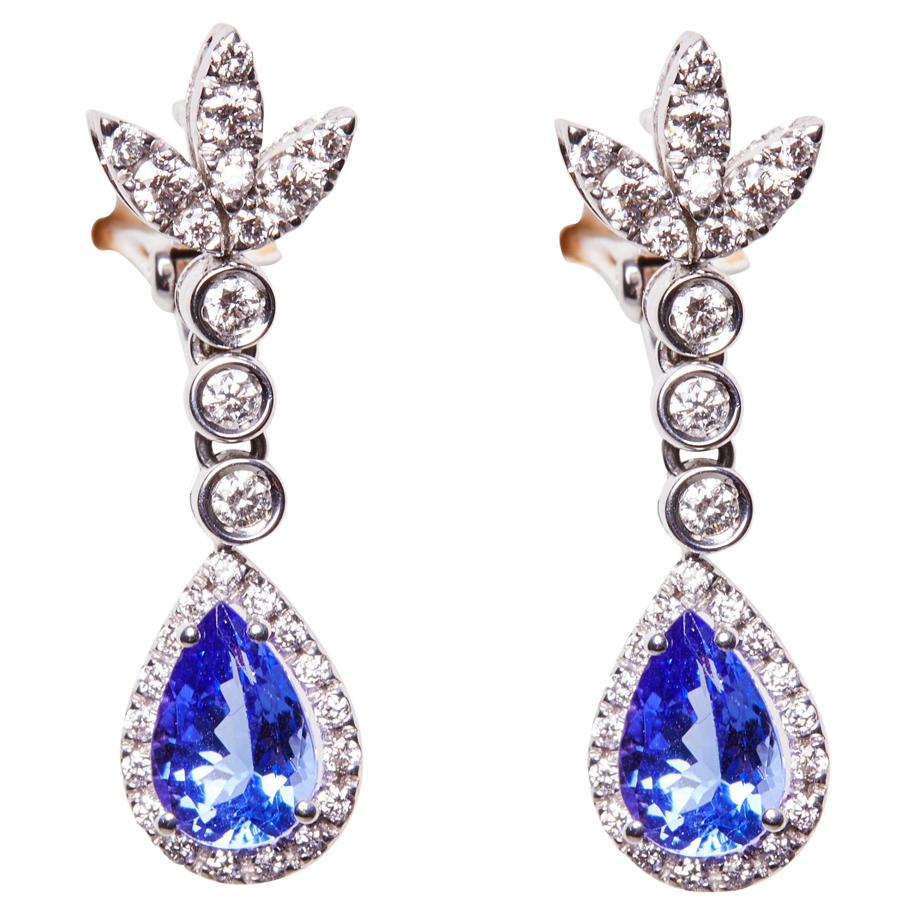 18 Karat White Gold Diamond and Tanzanite Dangle Earrings For Sale
