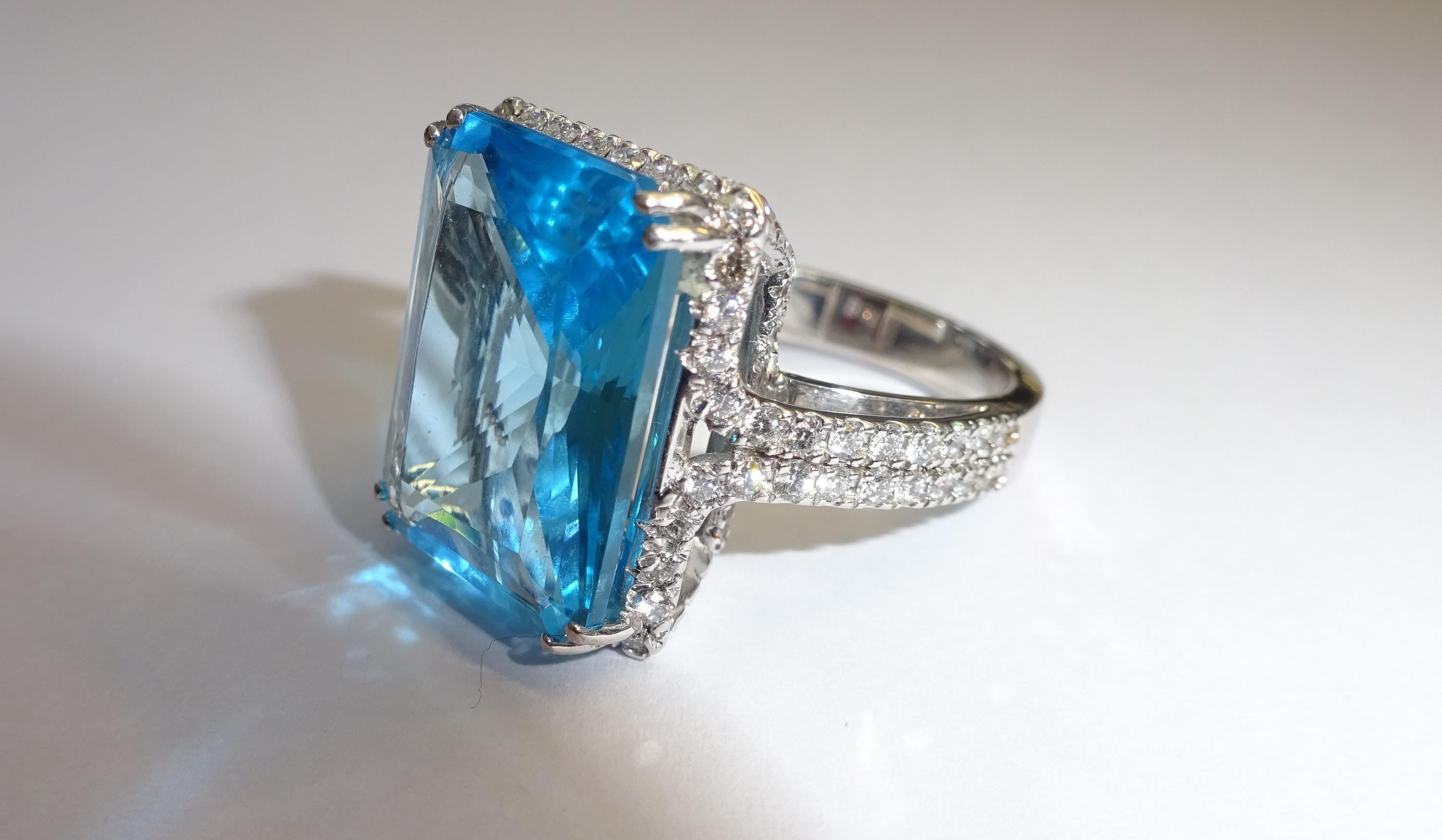 Emerald Cut 18 Karat White Gold Diamond and Topaz Cocktail Ring For Sale