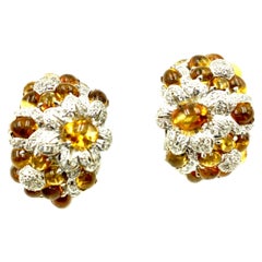 Vintage Sette Fiori Diamond 18K White Gold Cabochon Topaz Flower Cluster Earrings