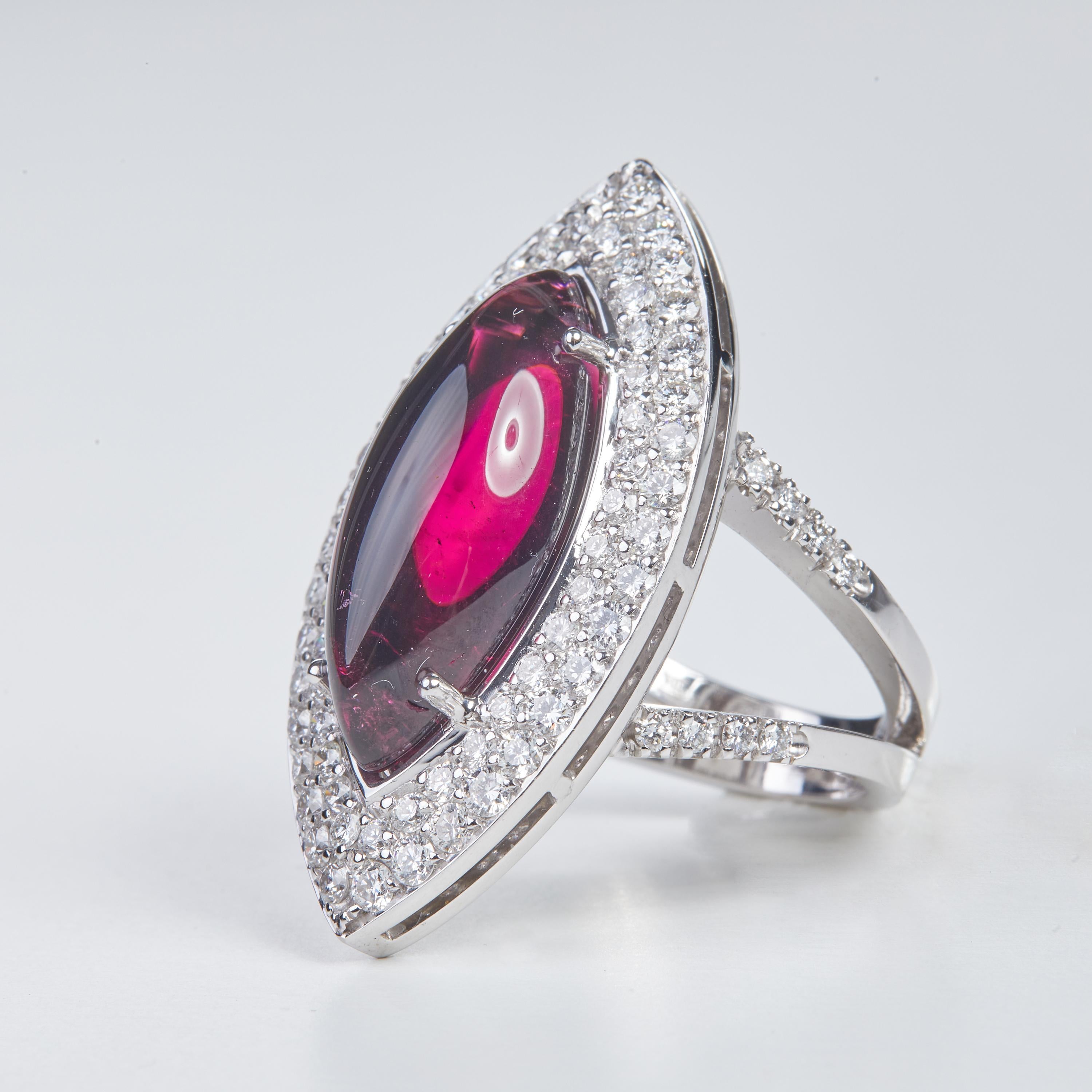 Women's or Men's 18 Karat White Gold Diamond and Tourmaline Cocktail Ring