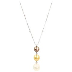 18 Karat White Gold Diamond and Tri-Colored Pearl Drop Necklace