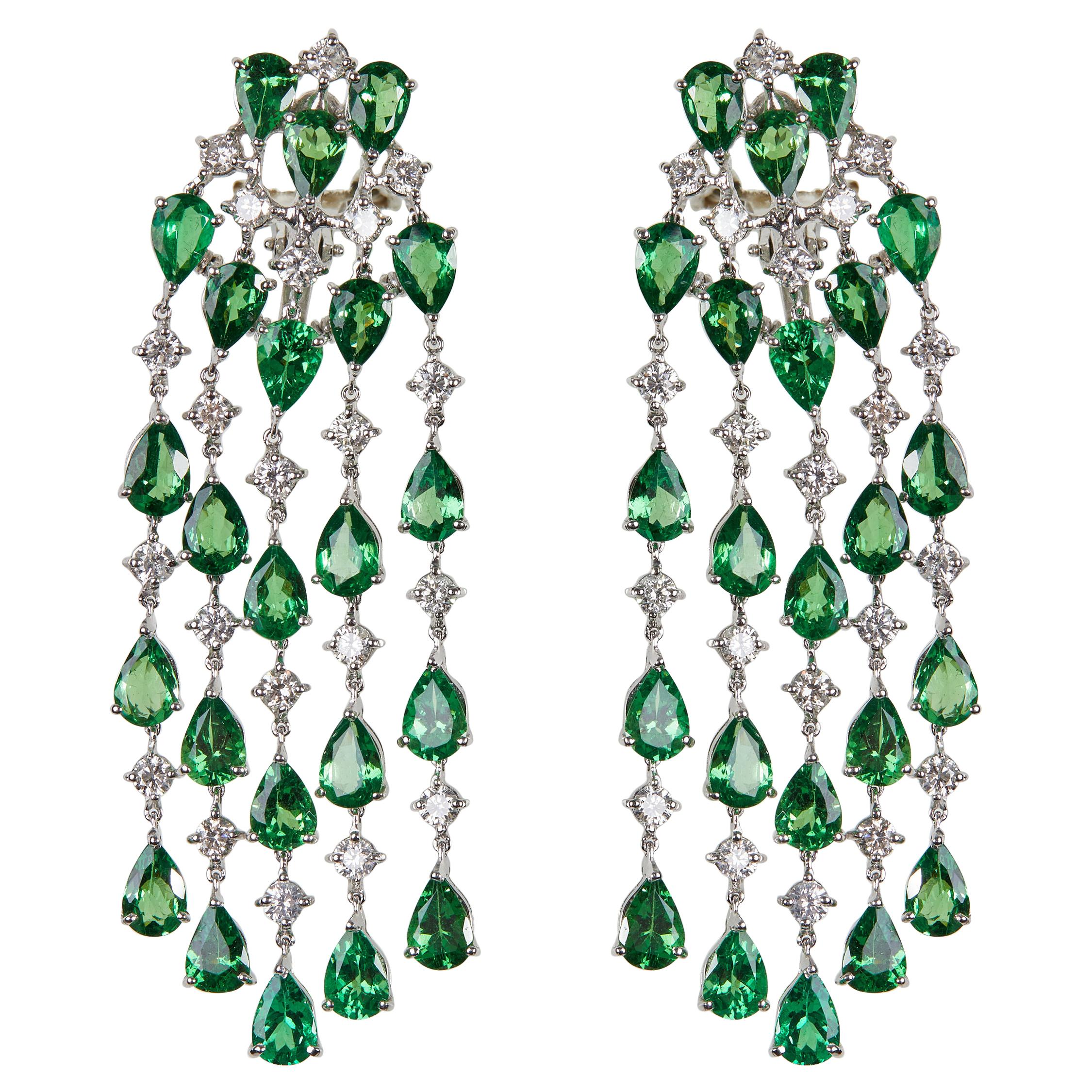 18 Karat White Gold Diamond and Tsavorite Dangle Earrings