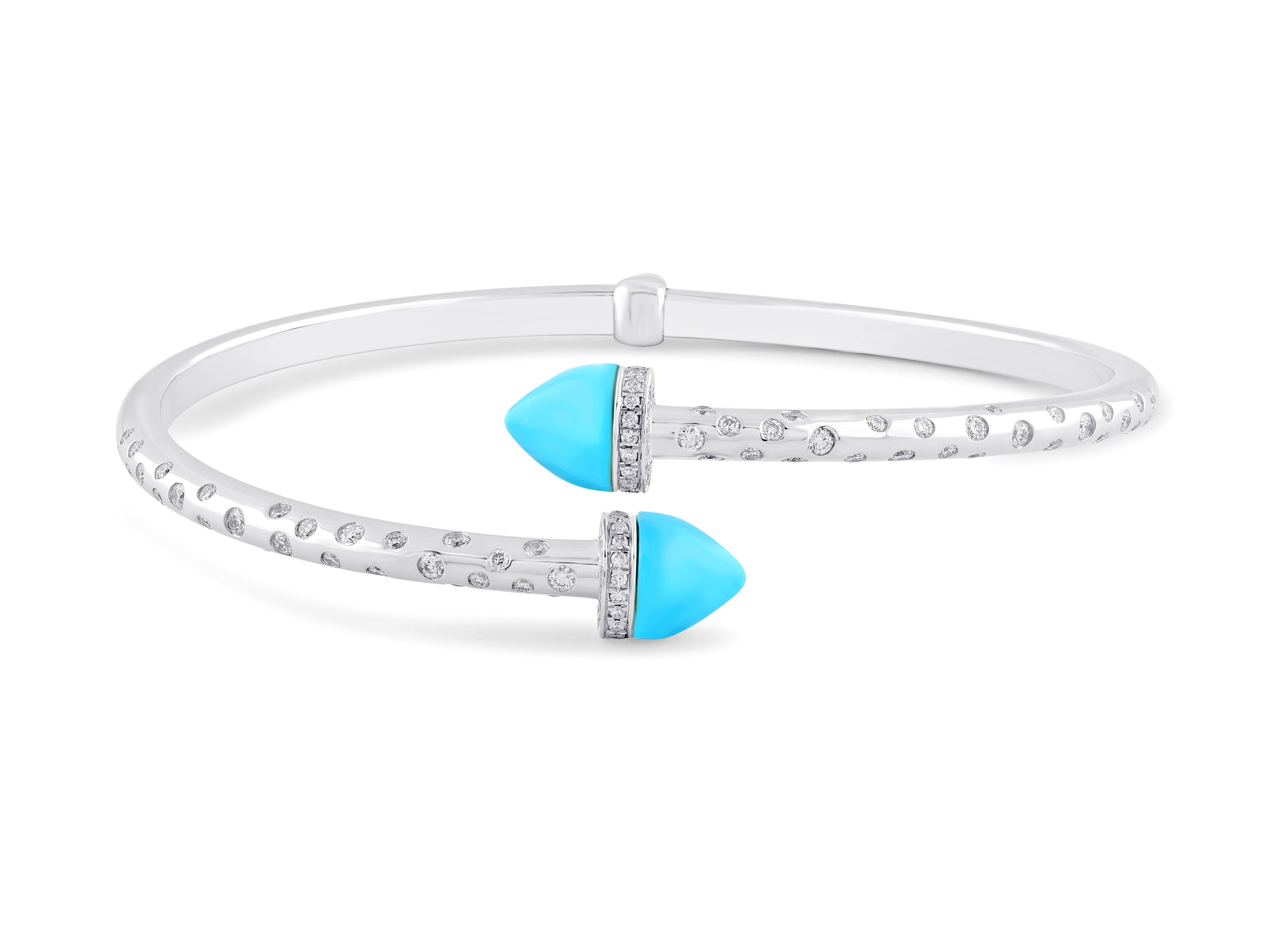 Minimalistic design and hand-crafted gemstones blend to create the elegance of the Atelo Arrow Collection.

This modern bracelet uses stunning, hand-cut turquoise- with its vibrant yet calming colour- carved like the tip of an arrow.

White,