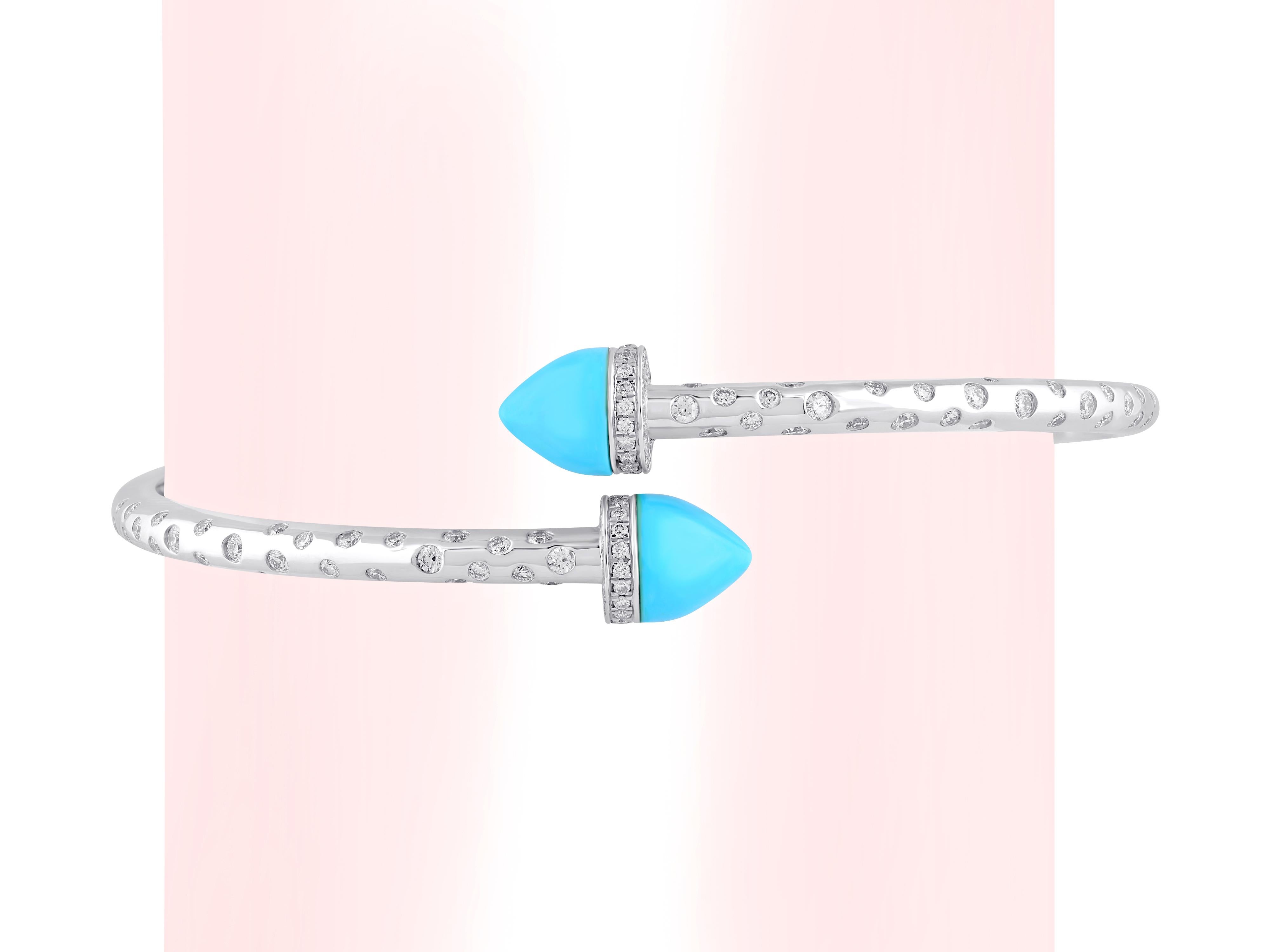 Contemporary 18 Karat White Gold Diamond and Turquoise Bangle For Sale