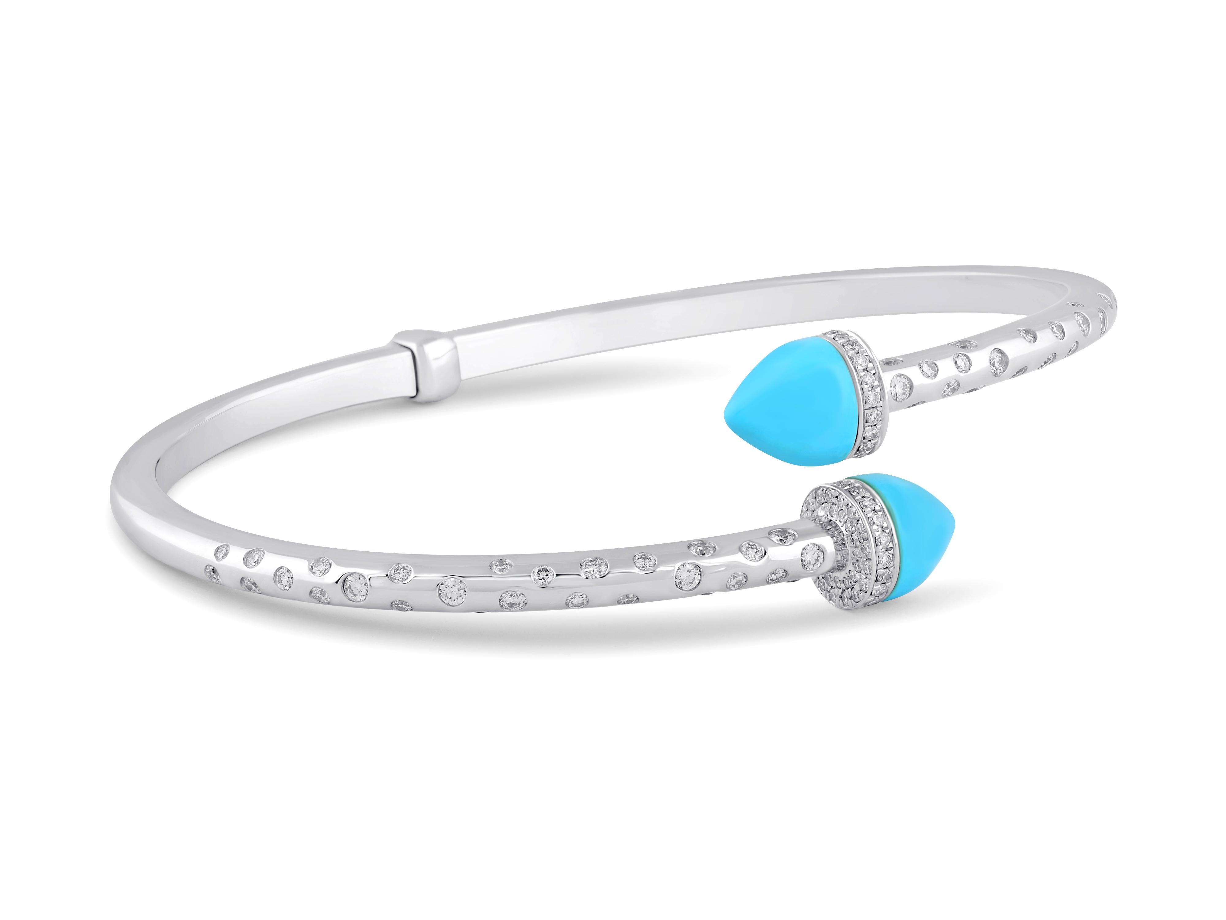 Round Cut 18 Karat White Gold Diamond and Turquoise Bangle For Sale