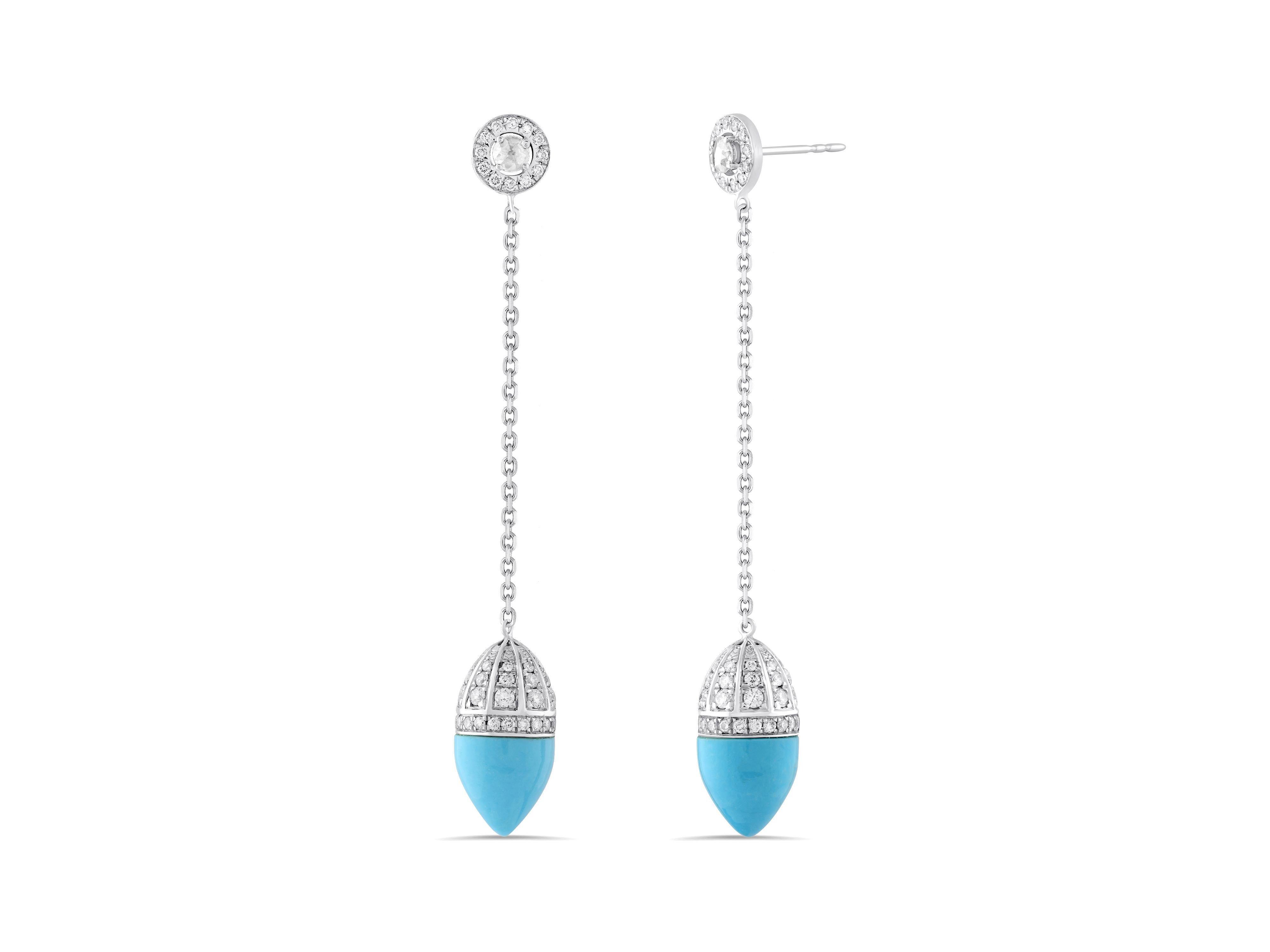 Minimalistic design and hand-crafted gemstones blend to create the elegance of the Atelo Arrow Collection.

These modern earrings uses stunning, hand-cut turquoise- with its vibrant yet calming colour- carved like the tip of an arrow.

White,