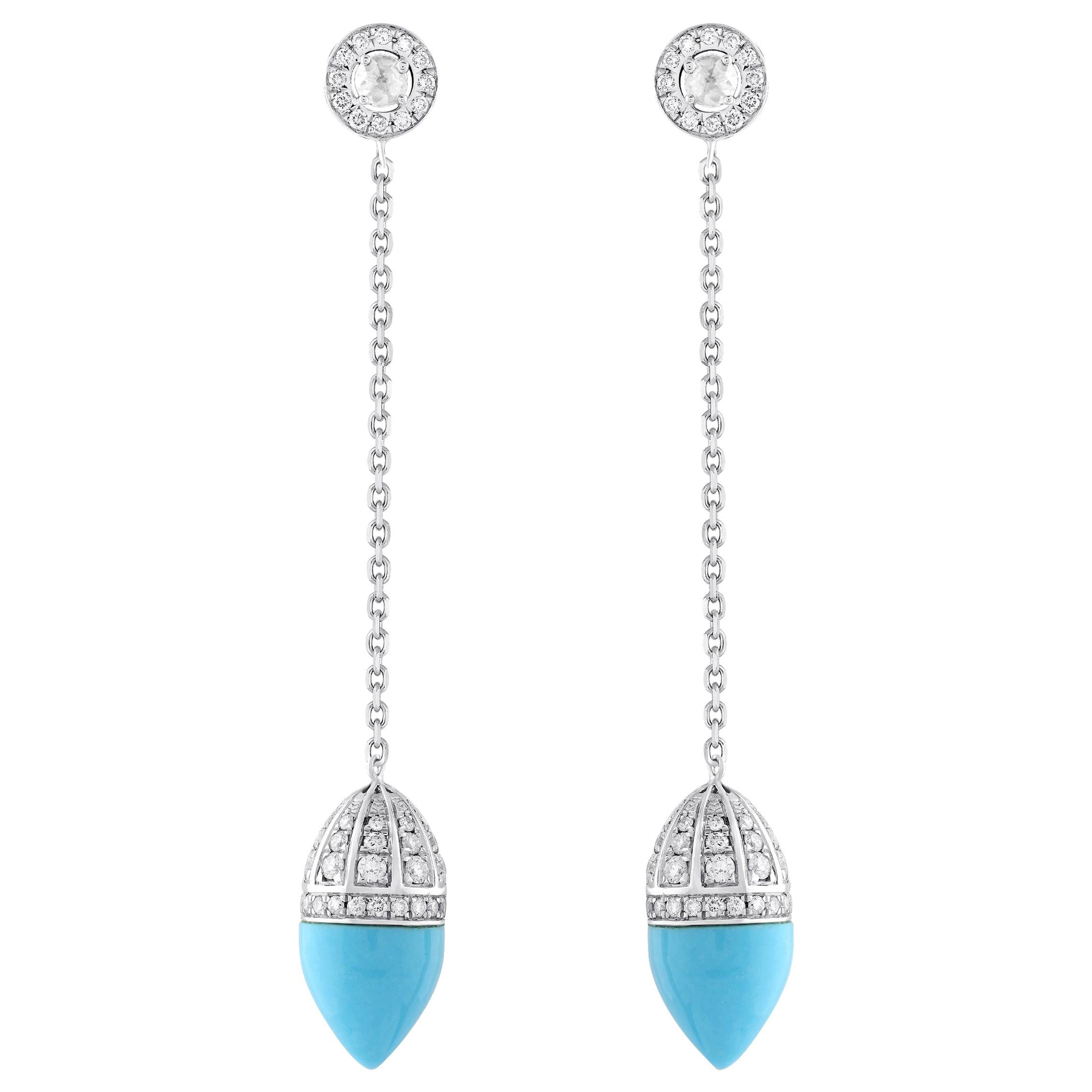 18 Karat White Gold Diamond and Turquoise Earrings For Sale