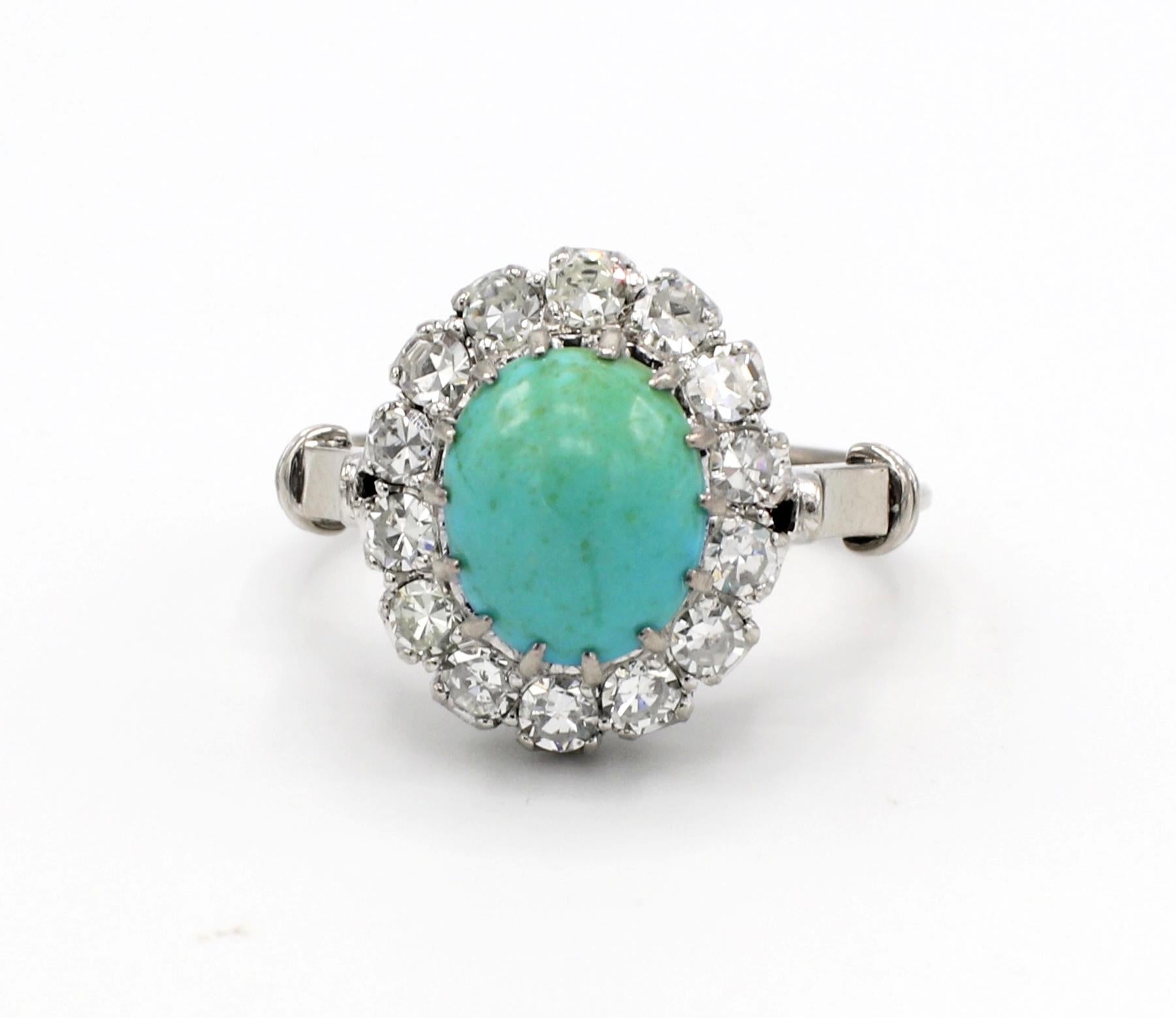 Cabochon 18 Karat White Gold Diamond and Turquoise Halo Cocktail Ring