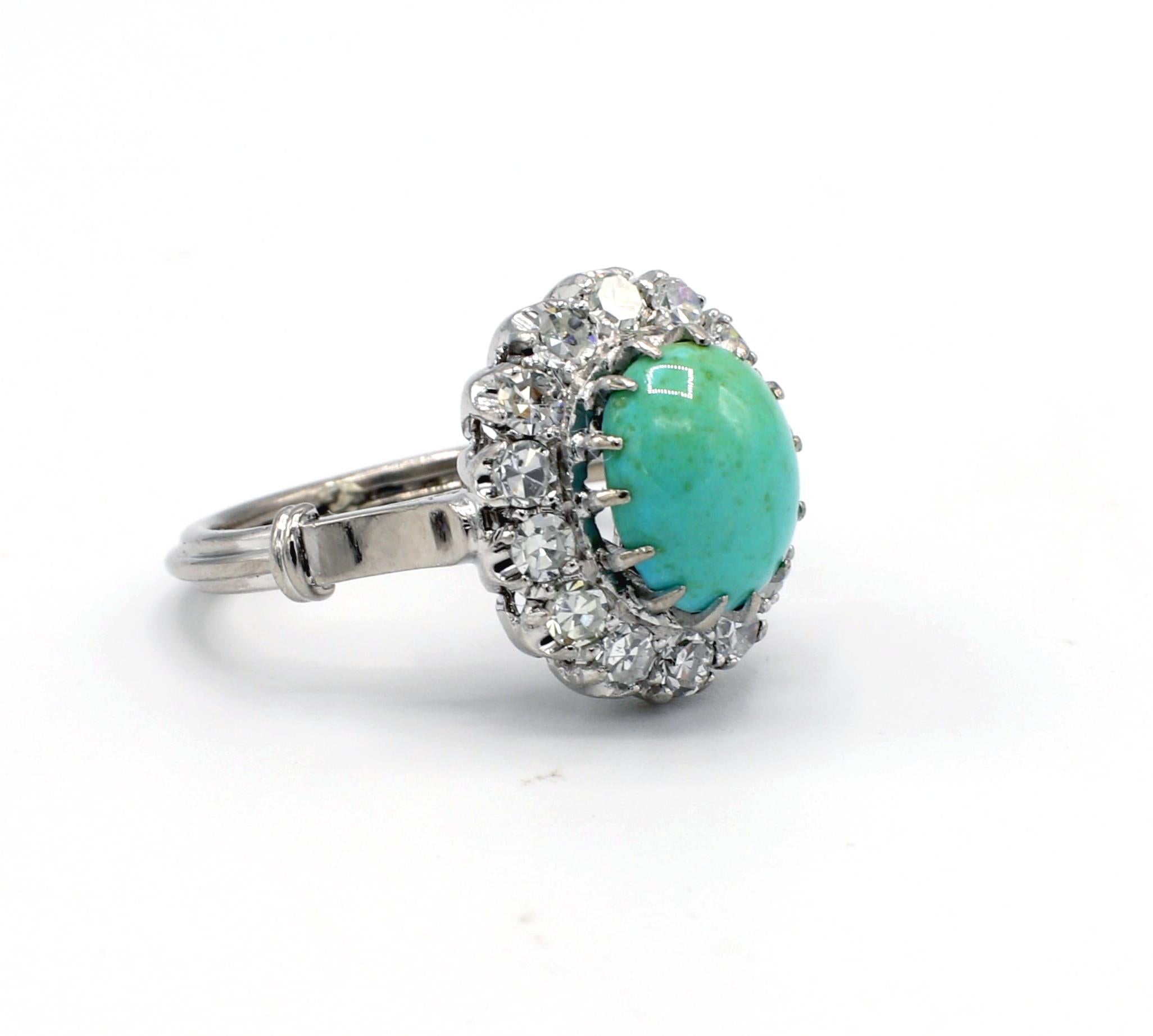 18 Karat White Gold Diamond and Turquoise Halo Cocktail Ring In Excellent Condition In  Baltimore, MD