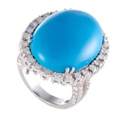 18 Karat White Gold Diamond and Turquoise Large Oval Ring