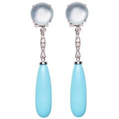 18 Karat White Gold Diamond Aquamarine and Turquoise Dangle Earrings 