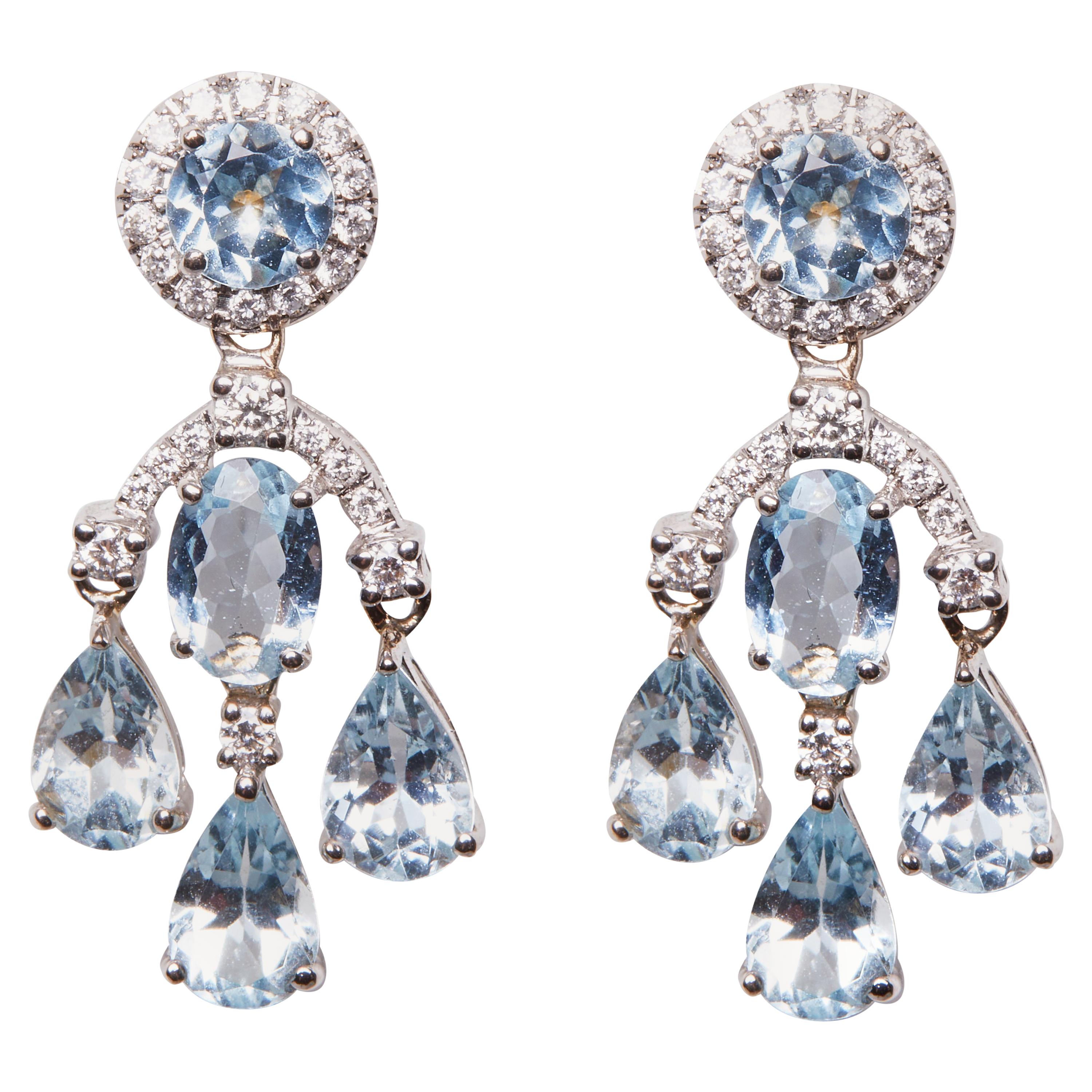 18 Karat White Gold Diamond, Aquamarine Dangle Earrings