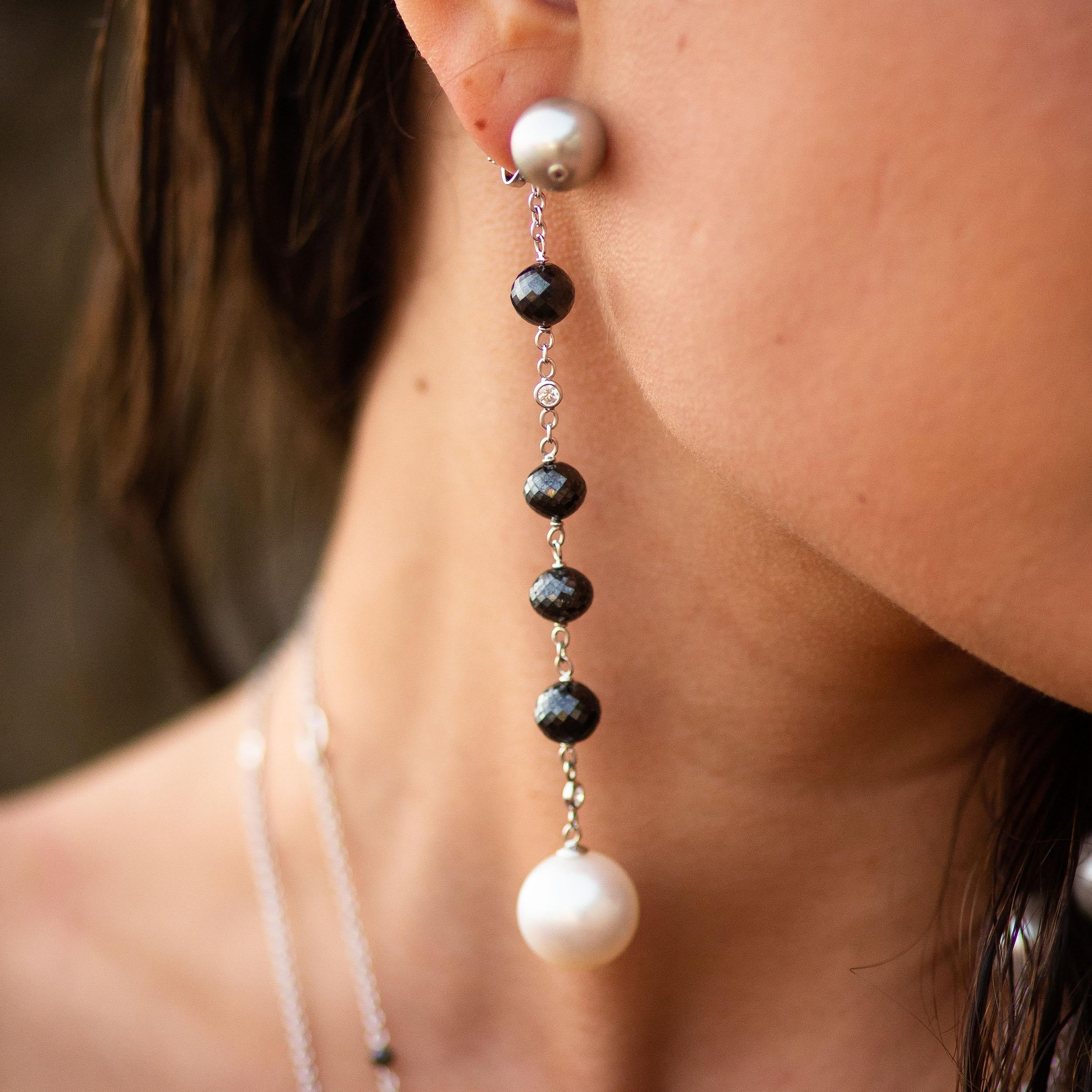 This 18K white gold elegant drop earrings are from our Sirène collection. These elegant earrings are a perfect combination of Australian pearls in total of 66.50 Carat, colorless diamonds 0.40 Carat and   hematites. The total metal weight is 5.40
