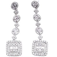 18 Karat White Gold Diamond Baguette and Round Drop Earrings