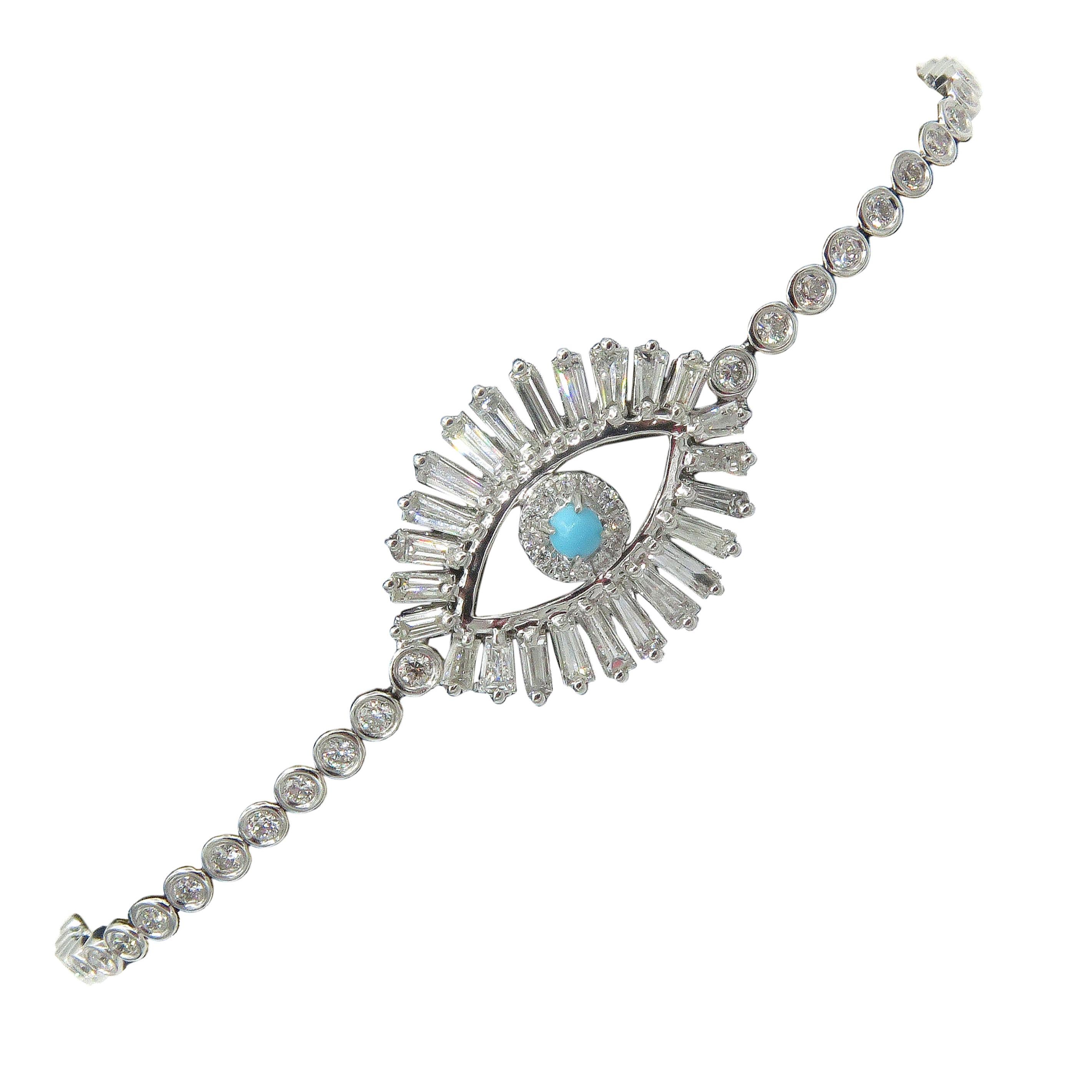 Bracelet tennis en or blanc 18 carats avec diamants et turquoise œil maléfique baguette en vente