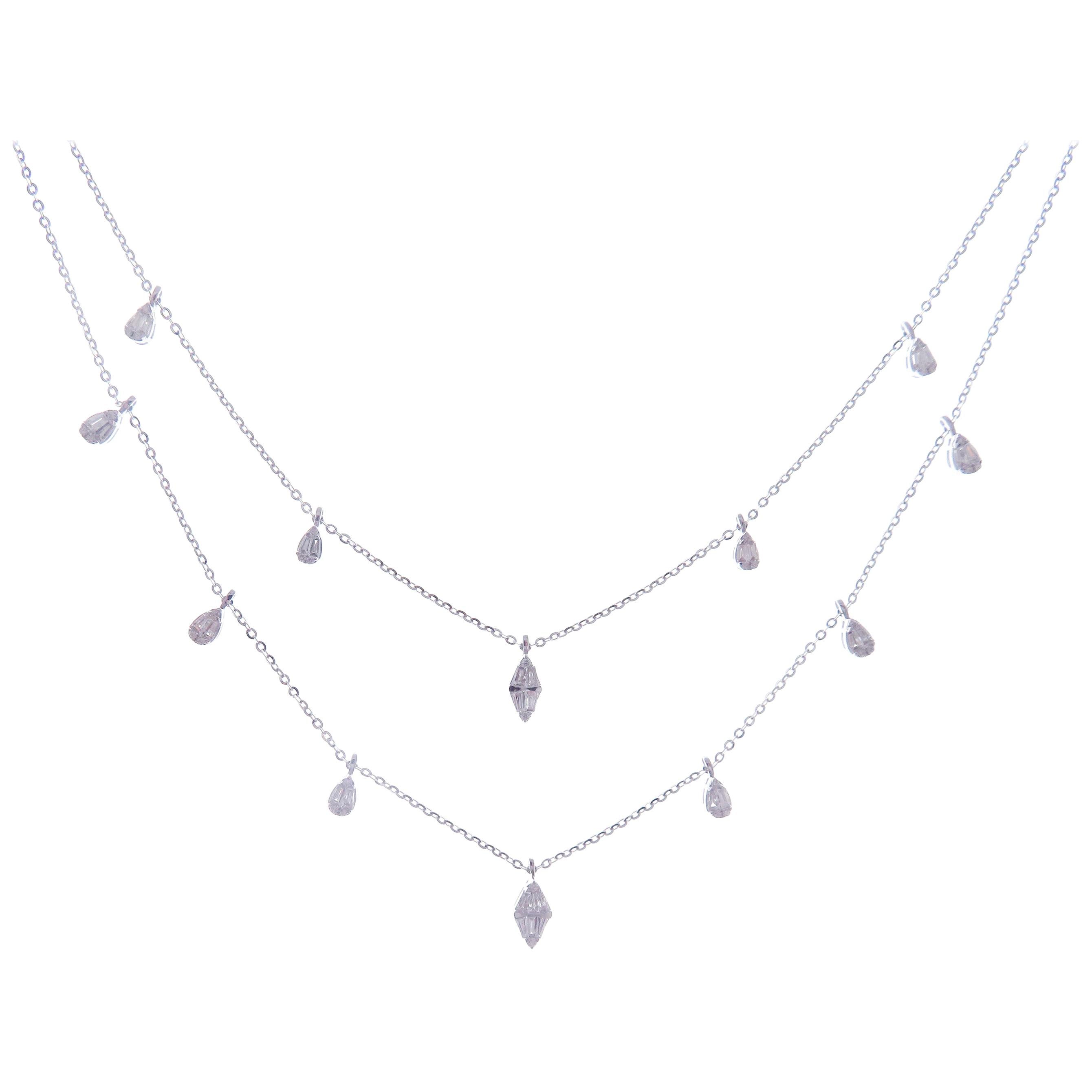 18 Karat White Gold Diamond Baguette Marquise Pear Double Strand DBY Necklace For Sale