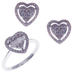 18 Karat White Gold Diamond Baguette Medium Halo Heart Earring Ring Set