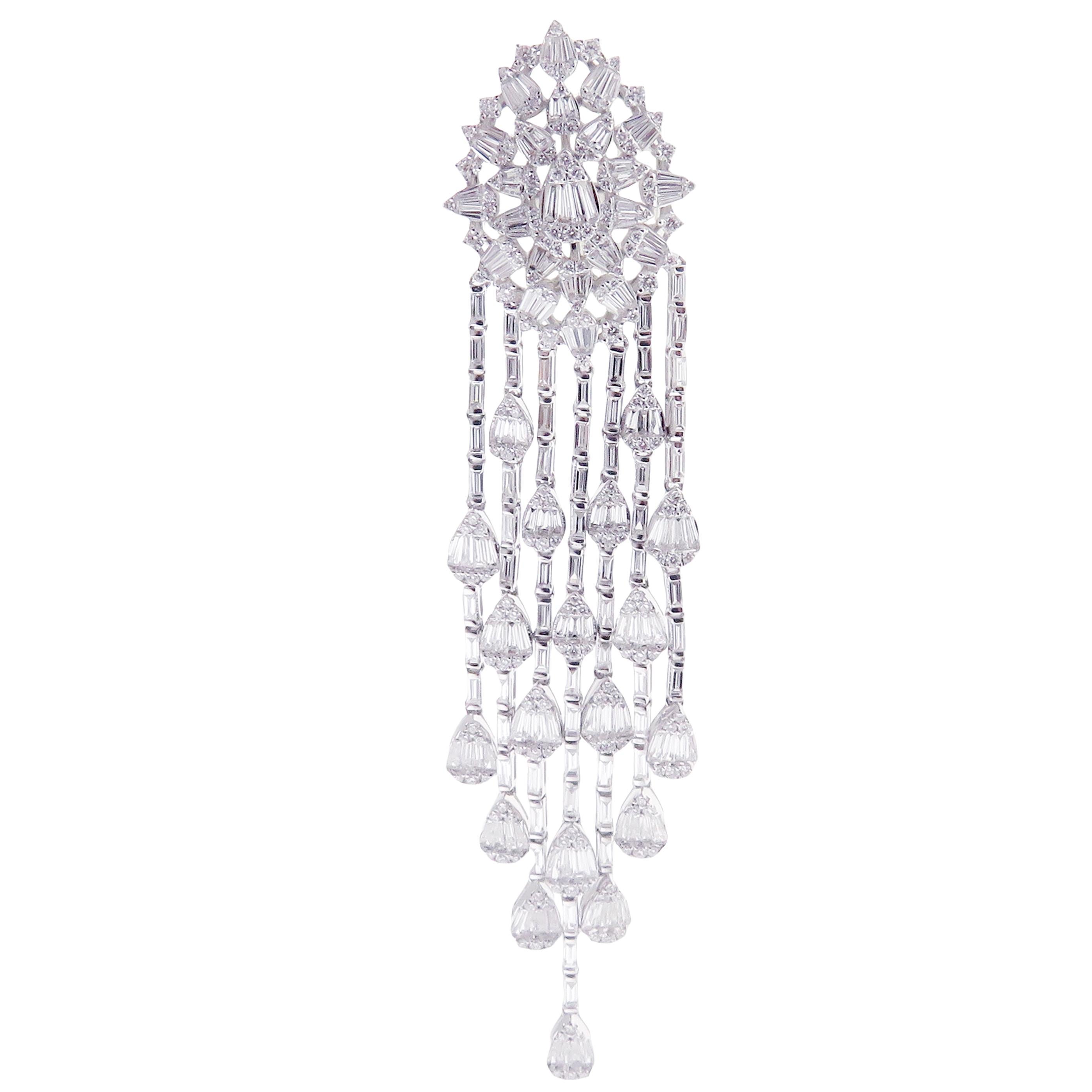 These oval burst chandelier earrings are crafted in 18-karat white gold, weighing approximately 11.87 total carats of SI-V Quality white diamond. Post-Style backing. 

Our Ballroom Chandelier Collection feature earrings for those with bold/classy