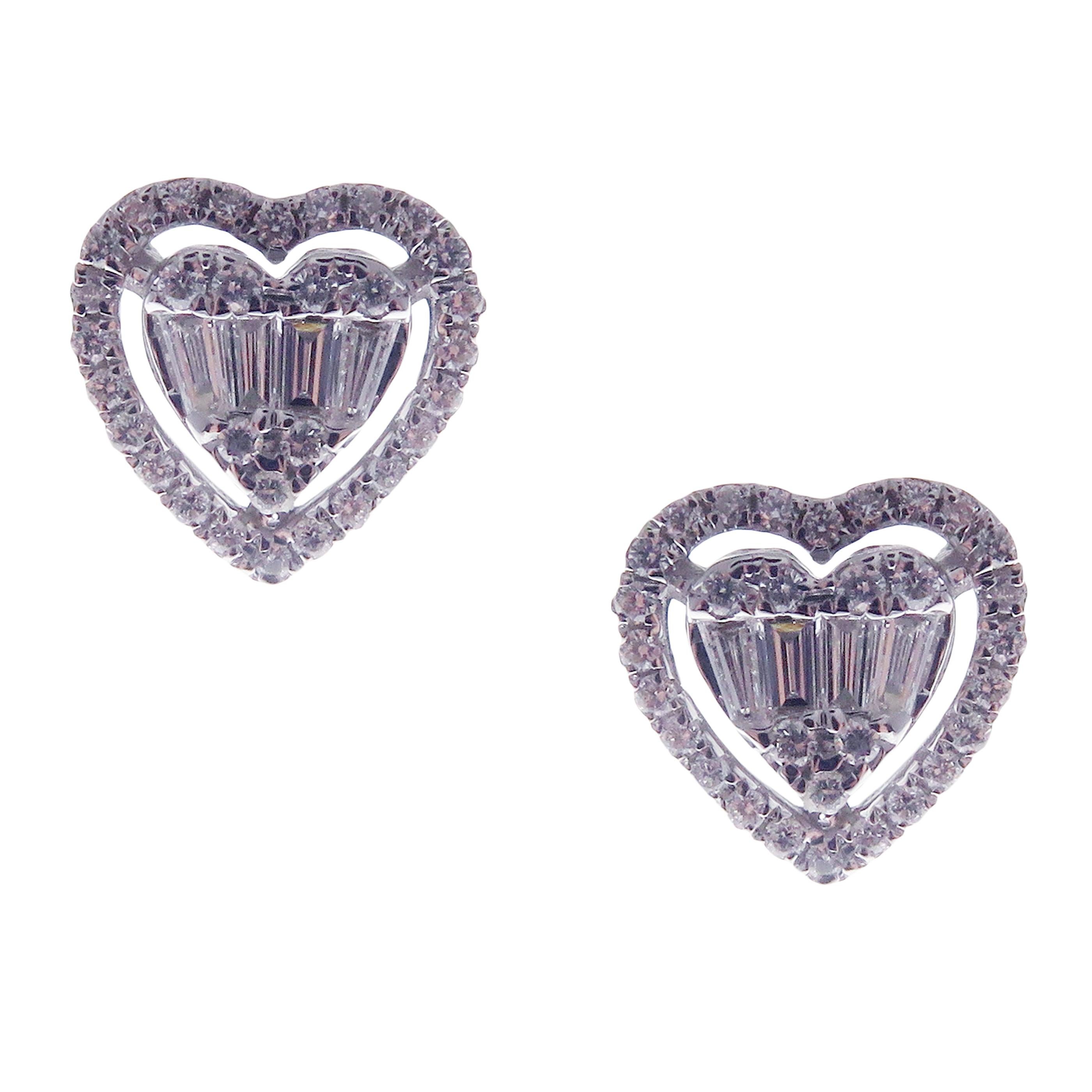 Baguette Cut 18 Karat White Gold Diamond Baguette Small Halo Heart Earring Ring Set