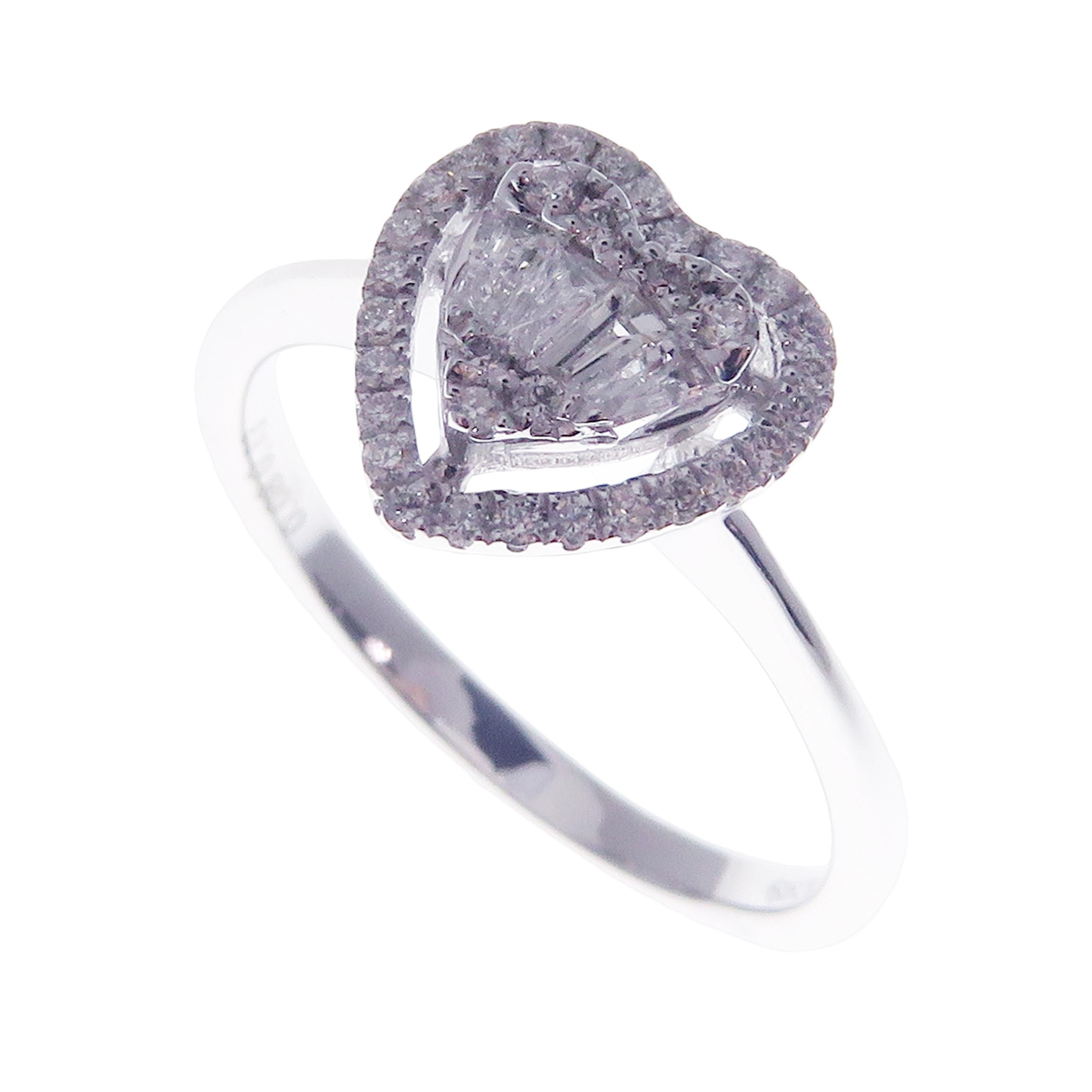 Women's or Men's 18 Karat White Gold Diamond Baguette Small Halo Heart Earring Ring Set