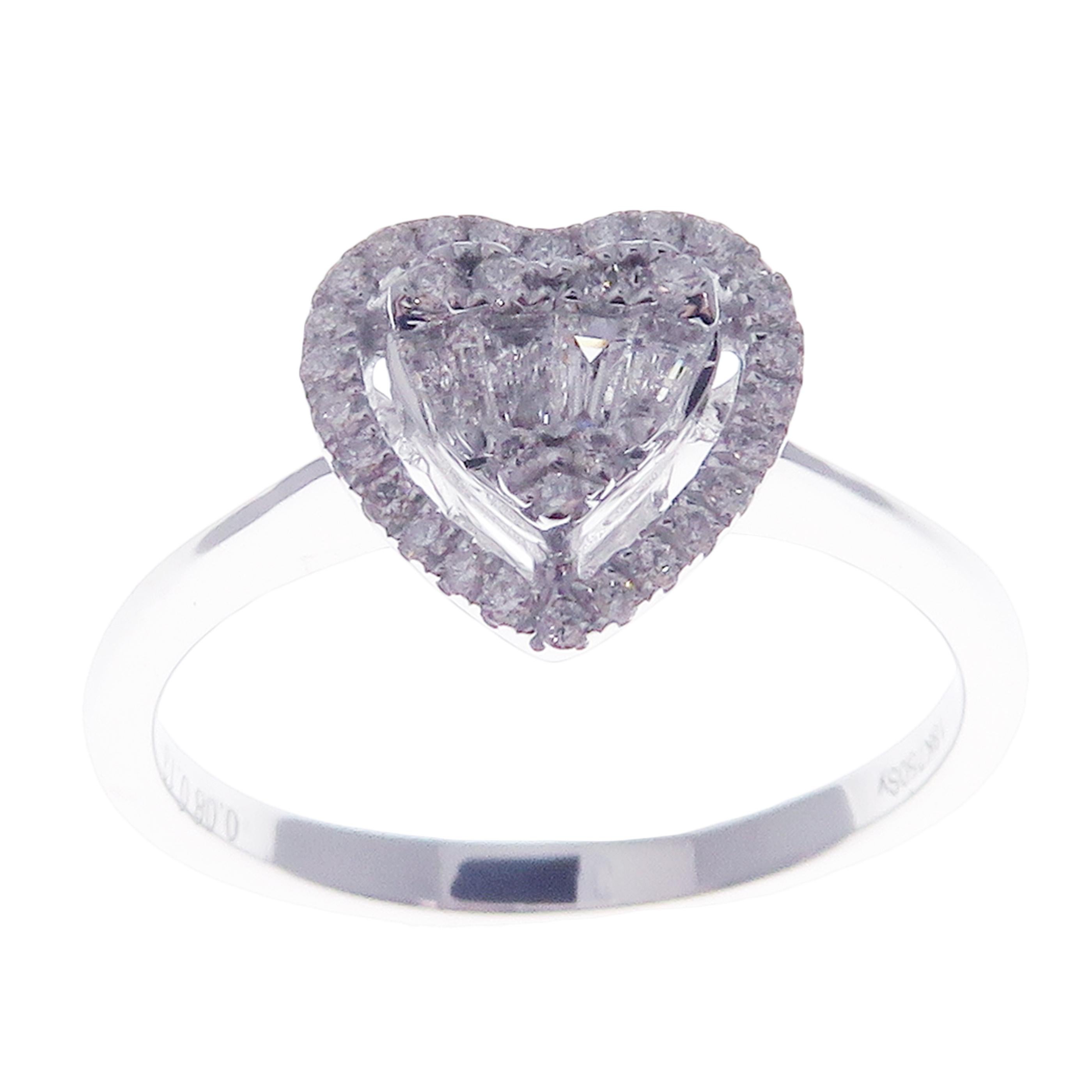 18 Karat White Gold Diamond Baguette Small Halo Heart Earring Ring Set 1