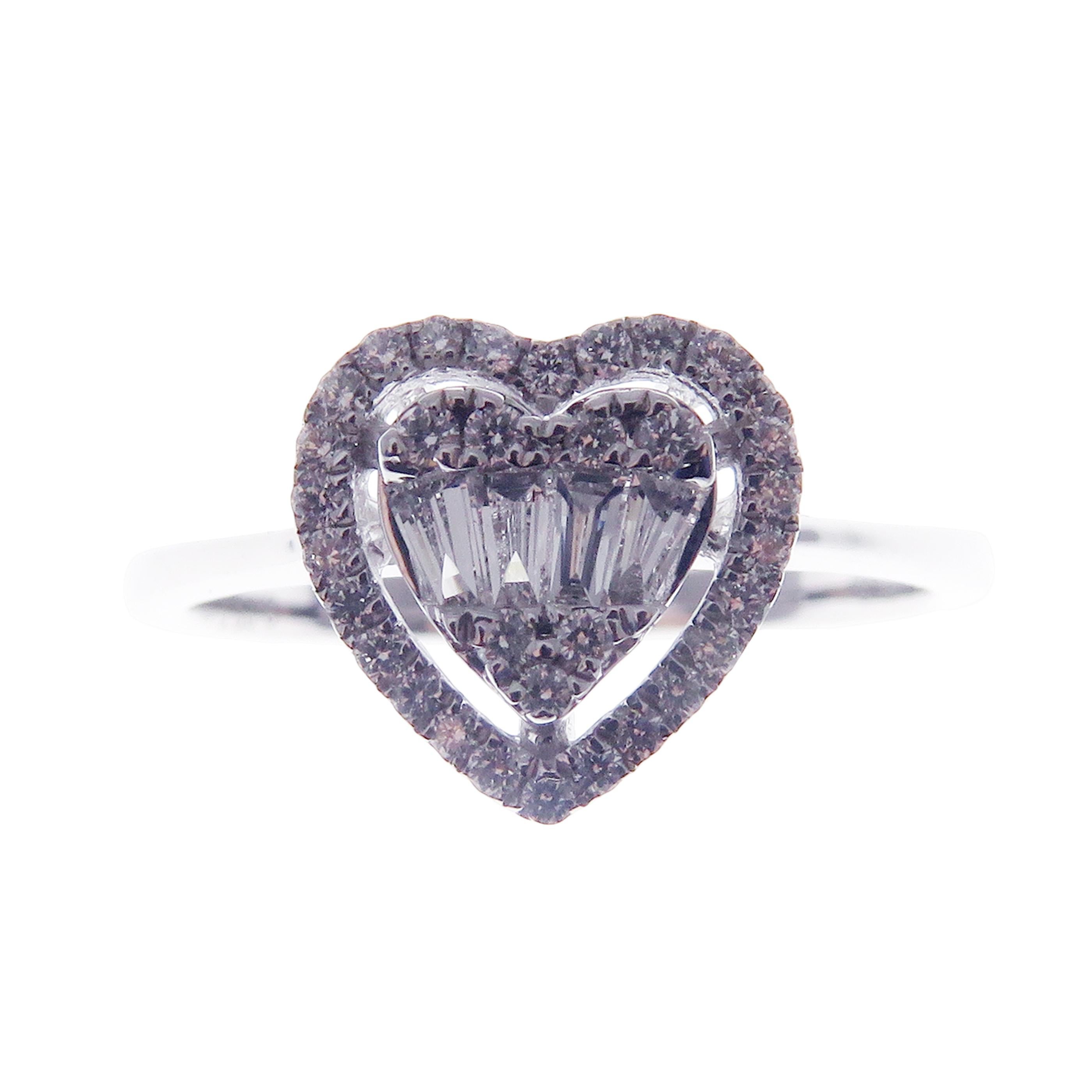 18 Karat White Gold Diamond Baguette Small Halo Heart Earring Ring Set 2