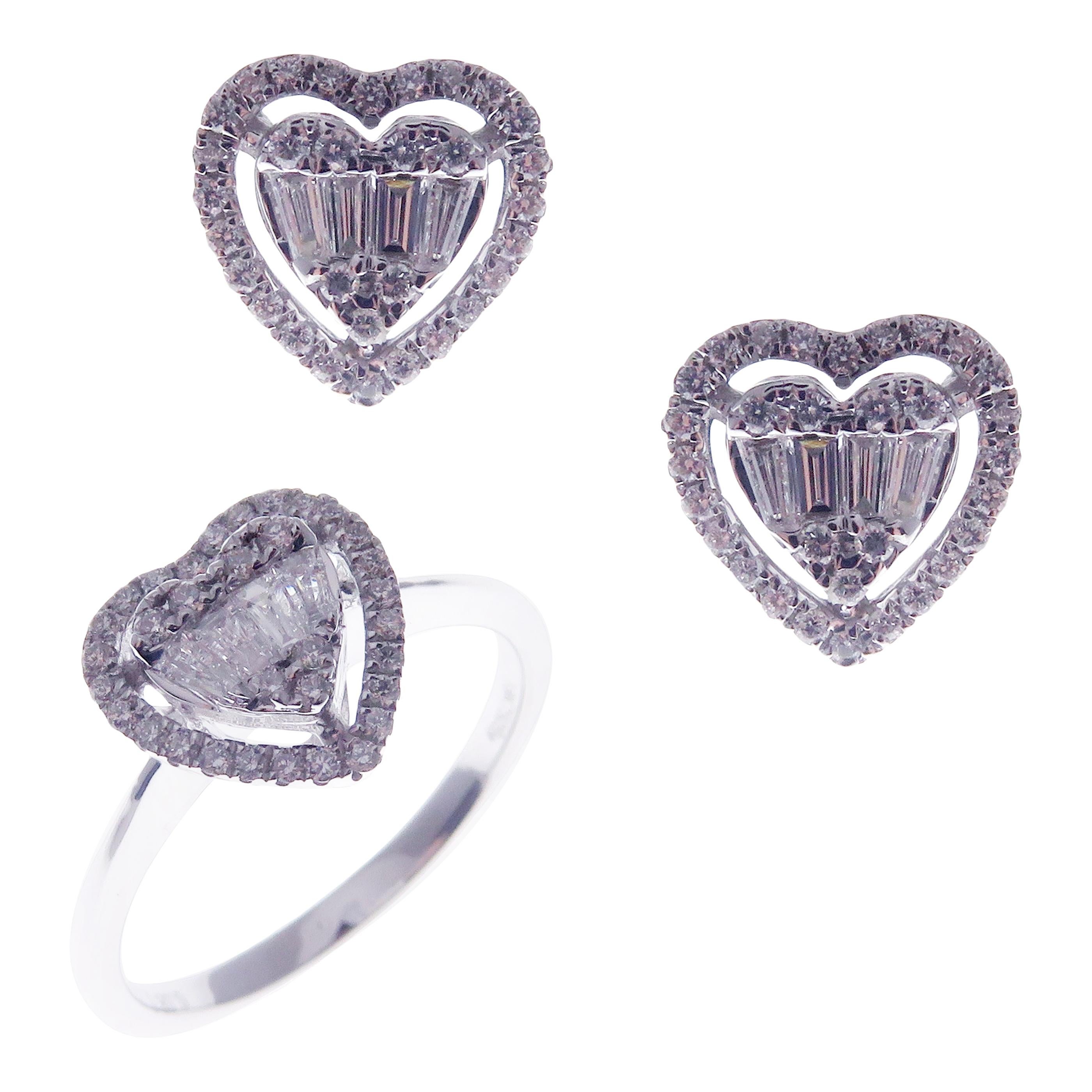 18 Karat White Gold Diamond Baguette Small Halo Heart Earring Ring Set