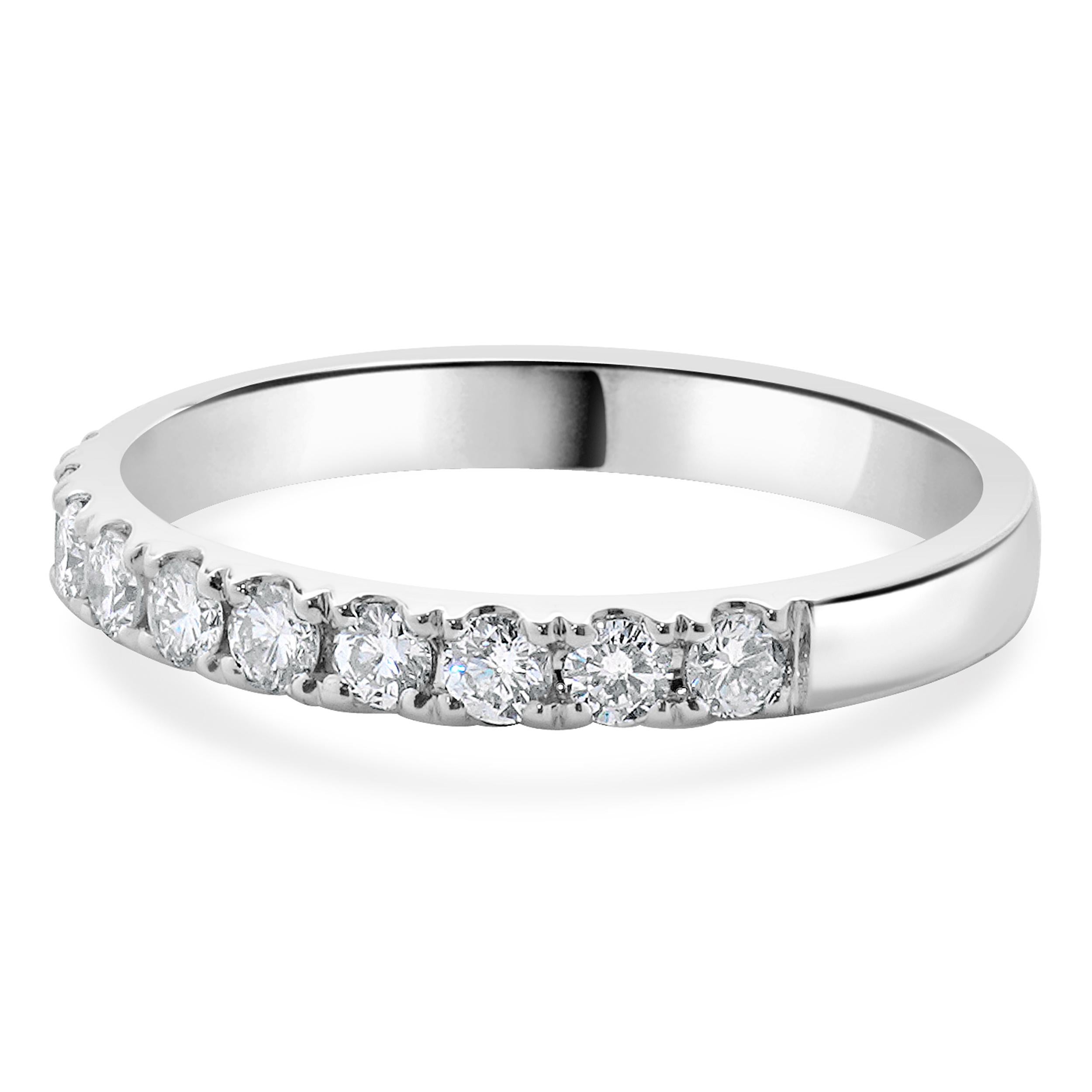 Designer: Custom
Material: 18K white gold
Diamonds: 15 round brilliant cut = 0.52cttw
Color: G
Clarity: VS2-SI1
Size: 6 sizing available 
Dimensions: ring top measures 2 mm in width
Weight: 2.27 grams
