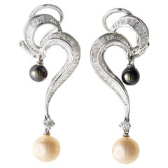 18 Karat White Gold Diamond Black and White Pearl Dangle Earrings
