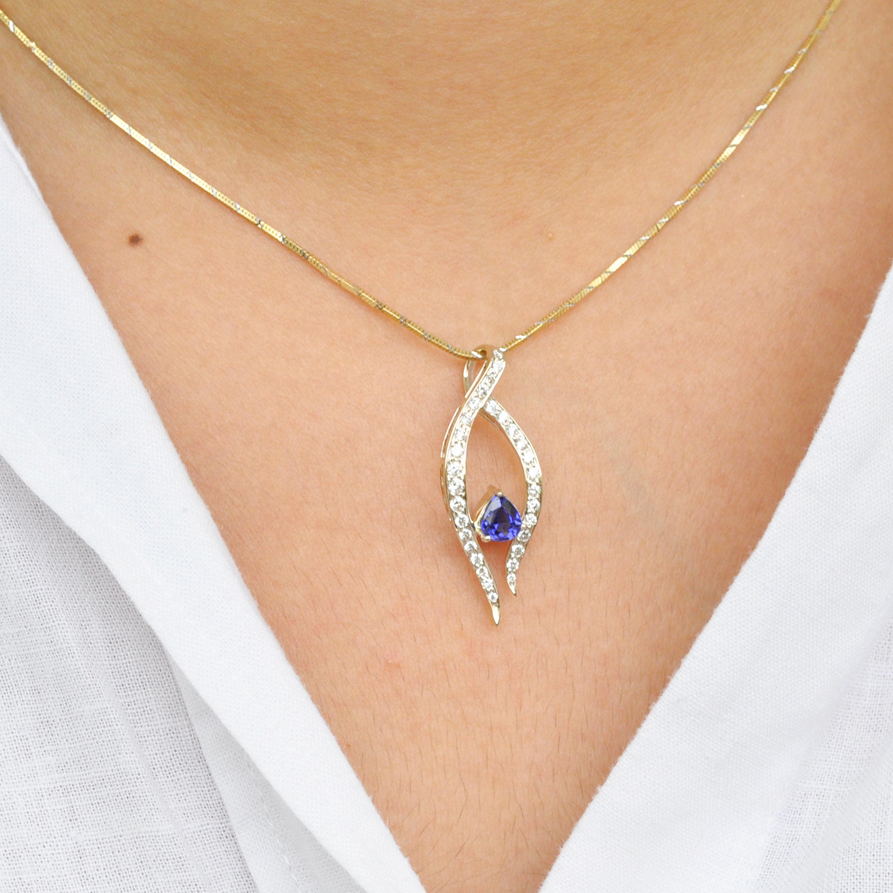 Pear Cut 18 Karat White Gold Diamond Blue Sapphire Ballet Diamond Pendant Necklace